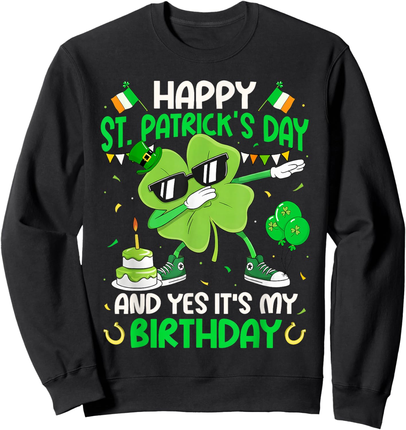 Happy St. Patrick's Day Birthday Dabbing Shamrock Boy Girl Sweatshirt - Sweatshirt | Black