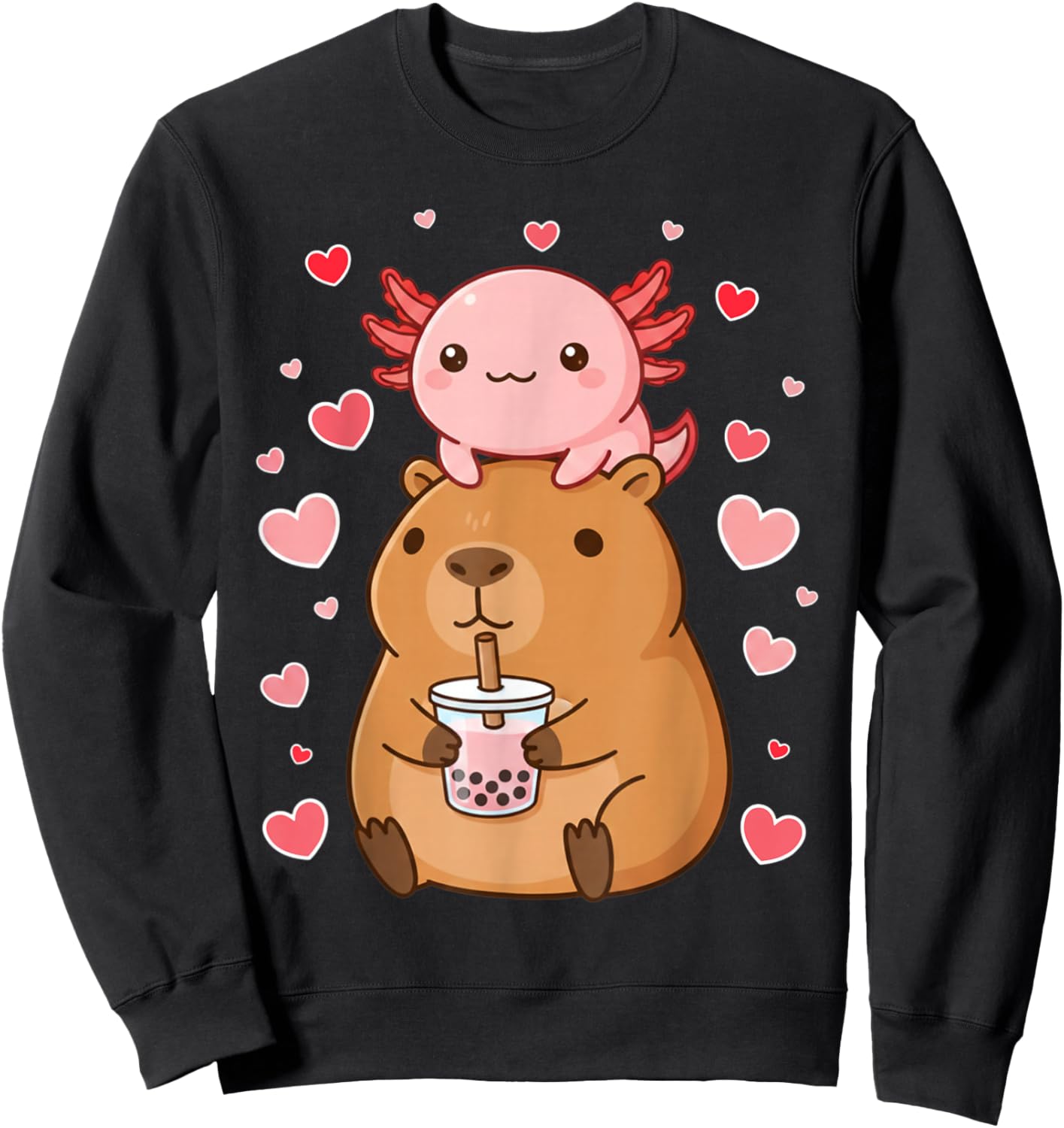 Cute Kawaii Axolotl Capybara Bubble Tea Boys Girls Valentine Sweatshirt - Sweatshirt | Black