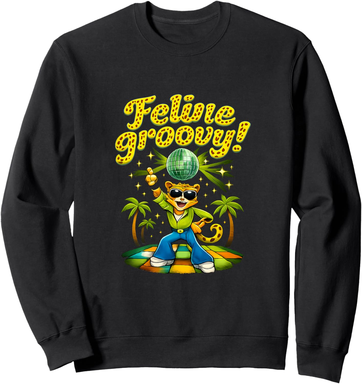 Feline Groovy Jaunty Jaguar Disco Dance Graphic Sweatshirt - Sweatshirt | Black