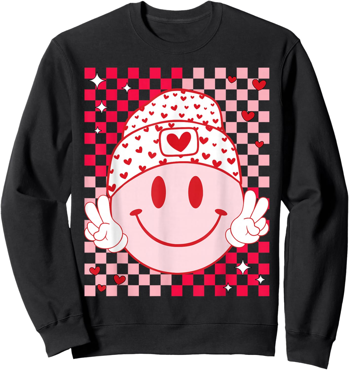 Groovy Valentine Vibes Cute Heart Happy Valentines Men Women Sweatshirt - Sweatshirt | Black