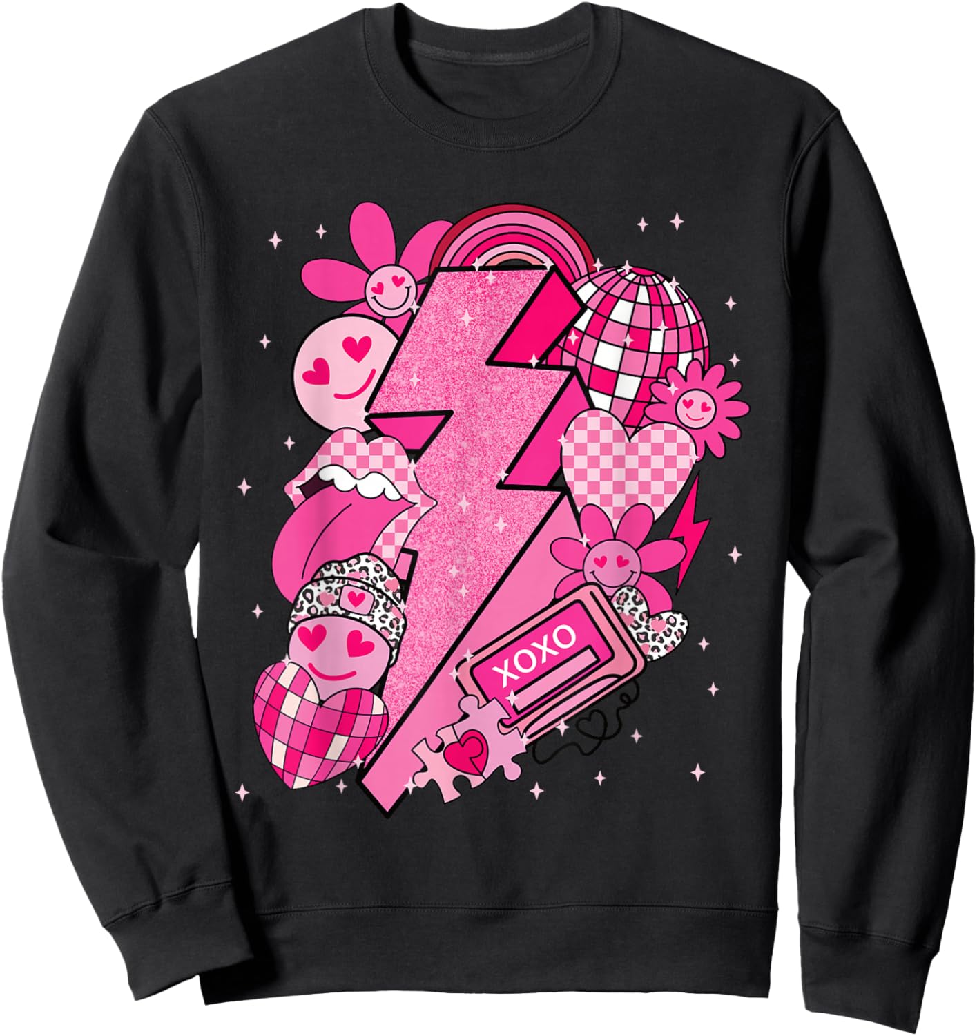 Valentine Love Lightning Bolt Disco Hearts Y2K Retro Graphic Sweatshirt - Sweatshirt | Black