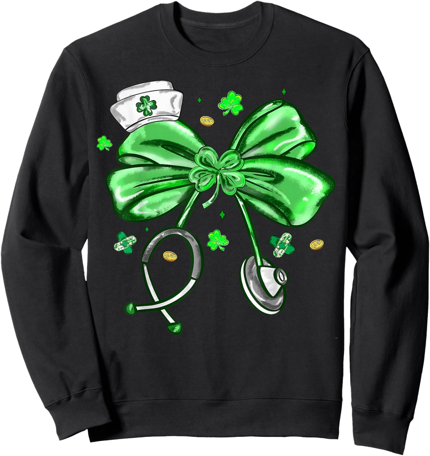 St Patrick's Day Nurse Coquette Bow Stethoscope Girl Women Sweatshirt - Sweatshirt | Black