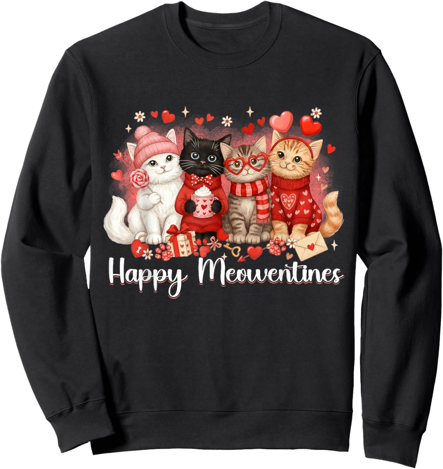 Cute Valentine Cat Lovers Happy Meowentines Girls Women Kid Sweatshirt - Sweatshirt | Black
