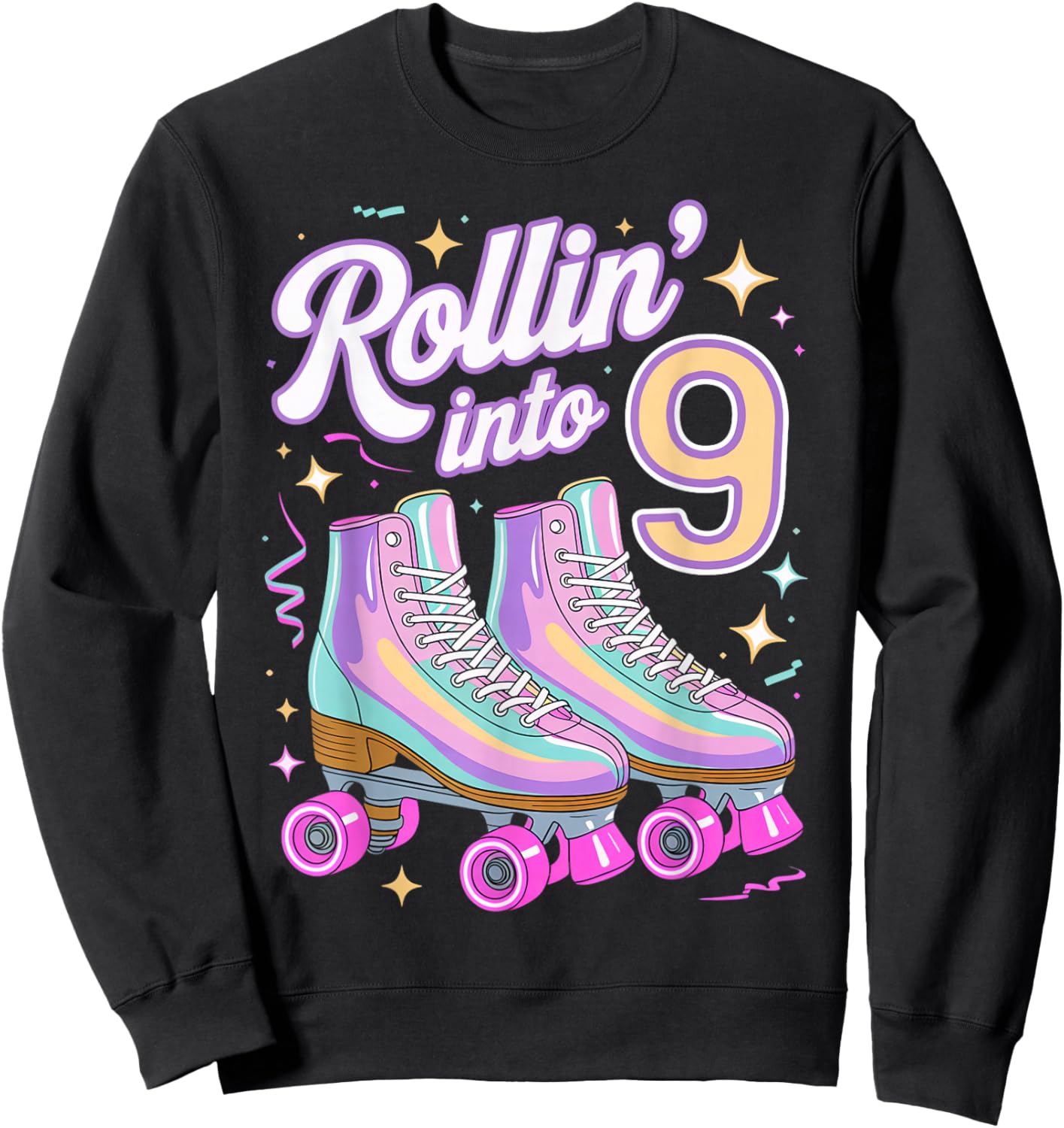 Rollin' Into 9 Roller Skating 9th Birthday Roller Skater Sweatshirt - Sweatshirt | Black
