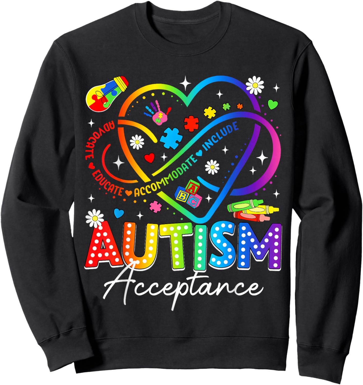 Autism Awareness Acceptance Heart Infinity Symbol Men Women Sweatshirt - Sweatshirt | Black