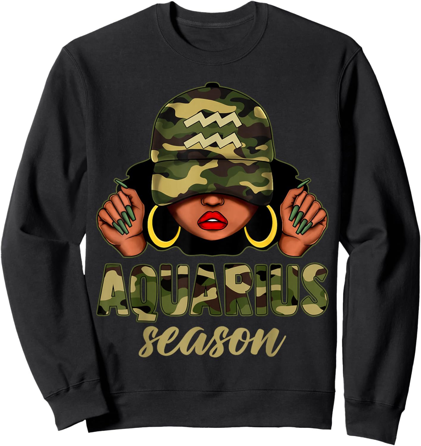Aquarius Season Black Woman Camo Hat Afro Girl Zodiac Sweatshirt - Sweatshirt | Black