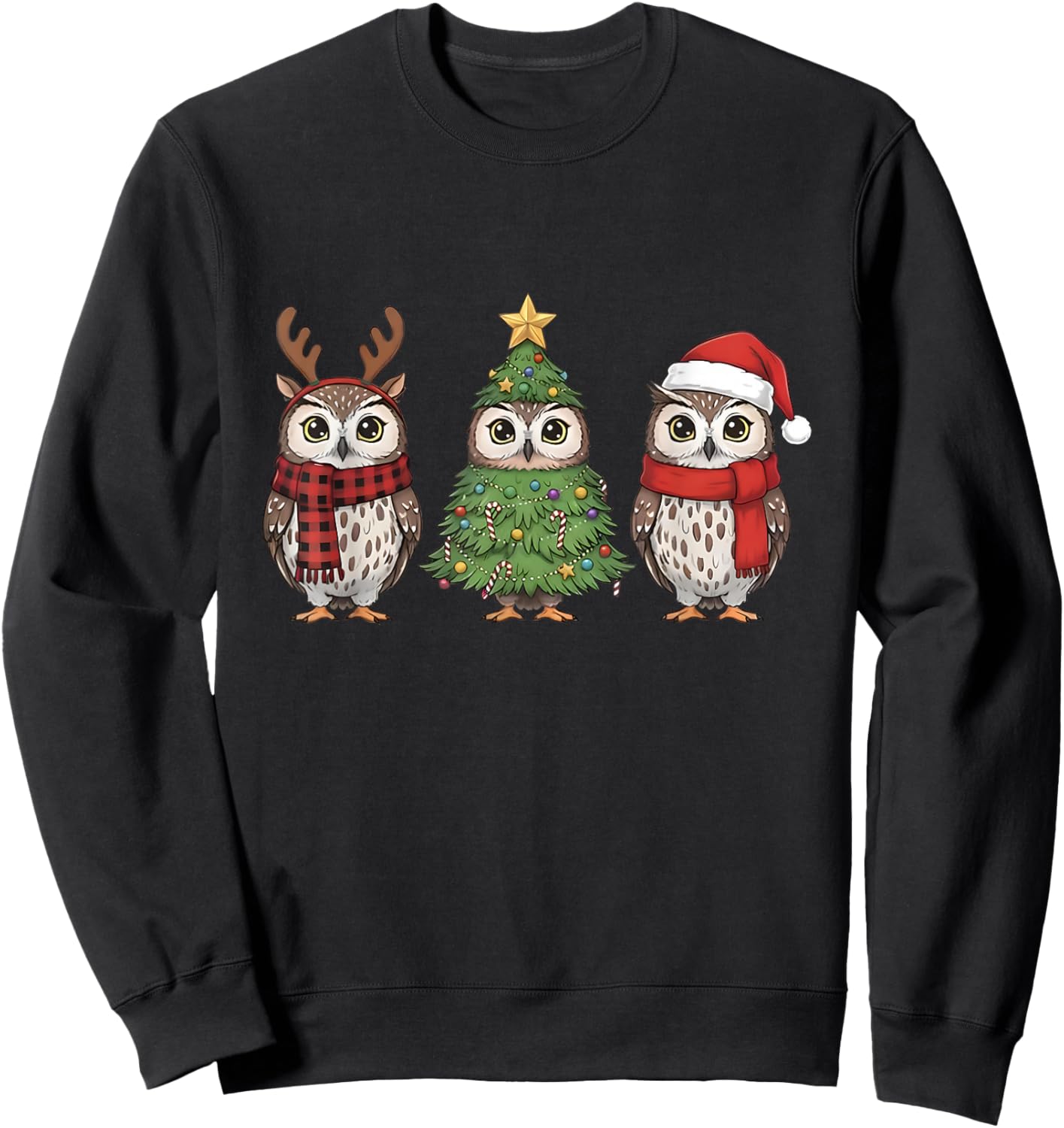 Santa Owl Christmas Tree Owl Lover Animal Xmas Pajama Sweatshirt - Sweatshirt | Black