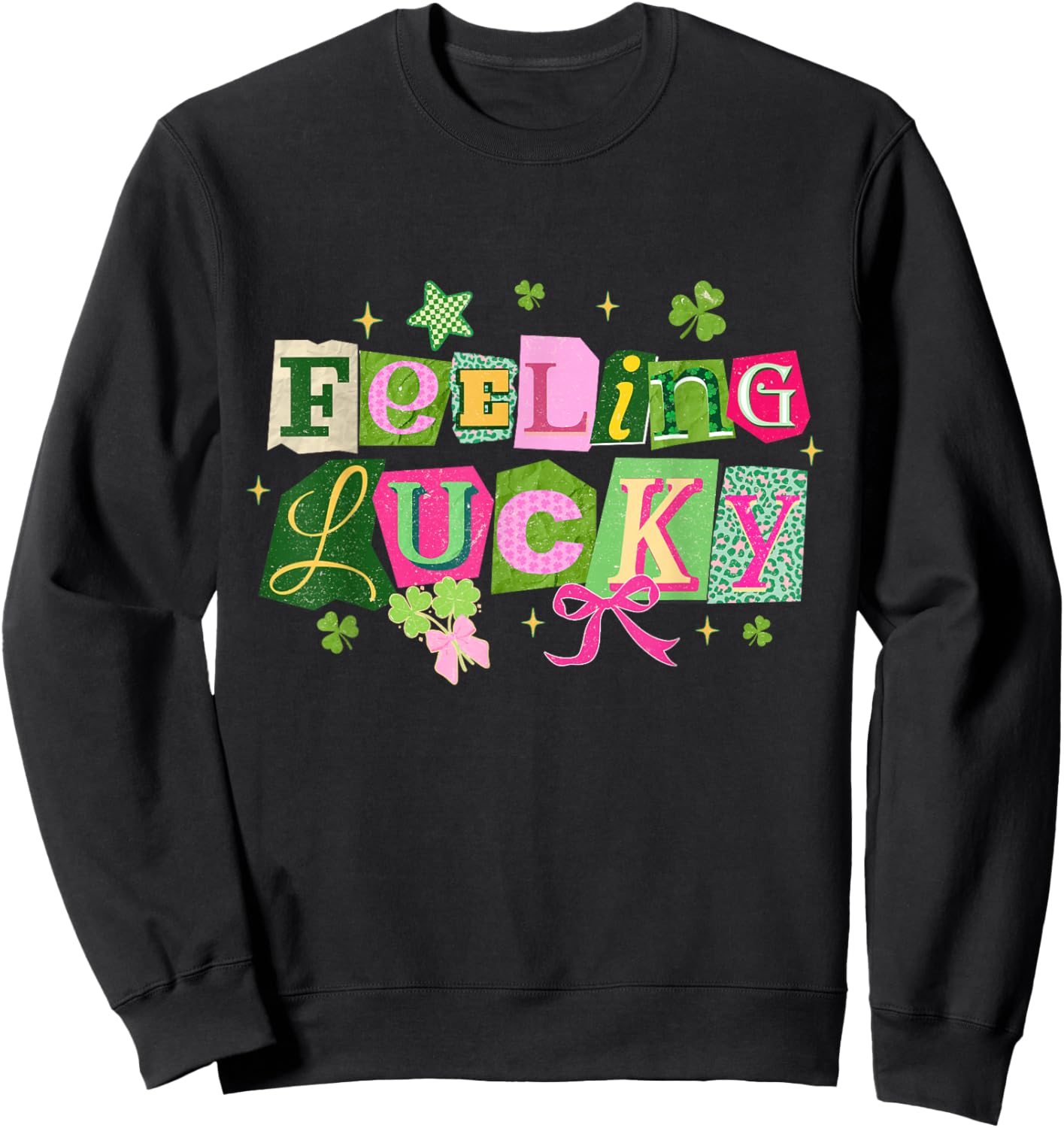 Feeling Lucky Preppy Star Shamrock Bow St Patricks Day Sweatshirt - Sweatshirt | Black