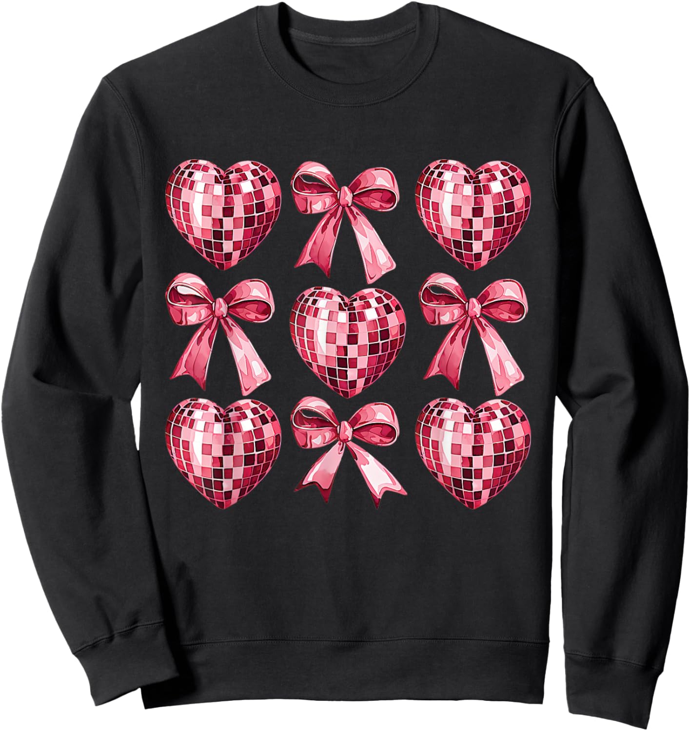 Pink Disco Heart & Bow Retro Valentine Aesthetic Women Teens Sweatshirt - Sweatshirt | Black
