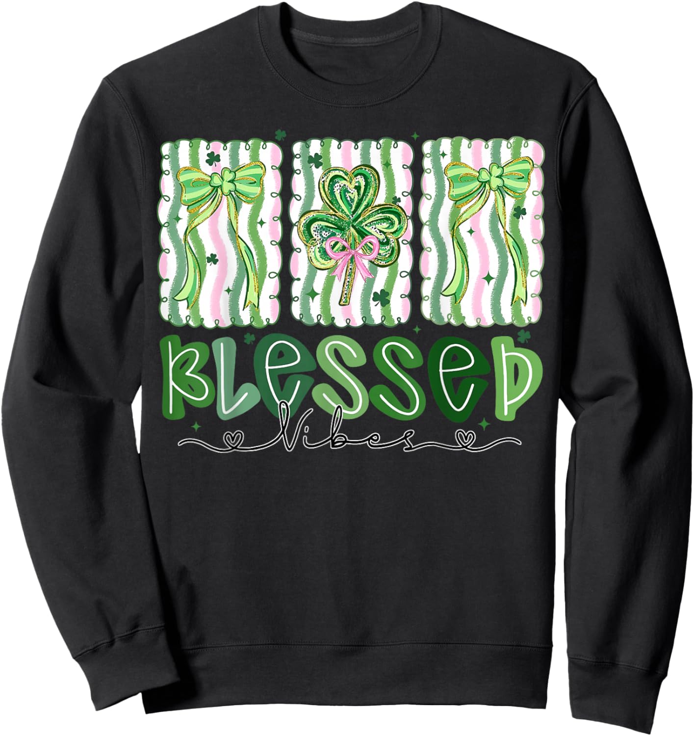 Preppy St Patrick's Day Shamrocks Coquette Bow Blessed Vibes Sweatshirt - Sweatshirt | Black