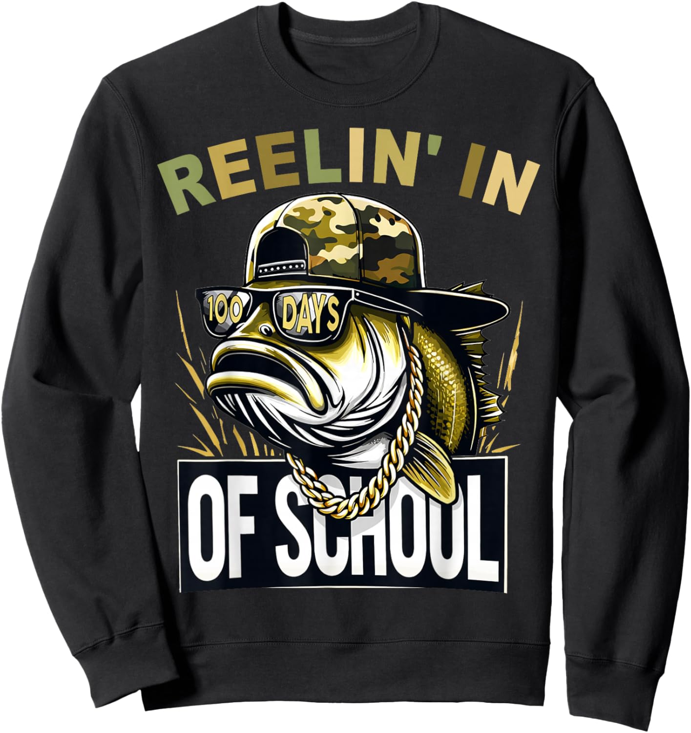 Retro Reelin’ in 100 Days of School Camo Bass Fishing Boys Sweatshirt - Sweatshirt | Black