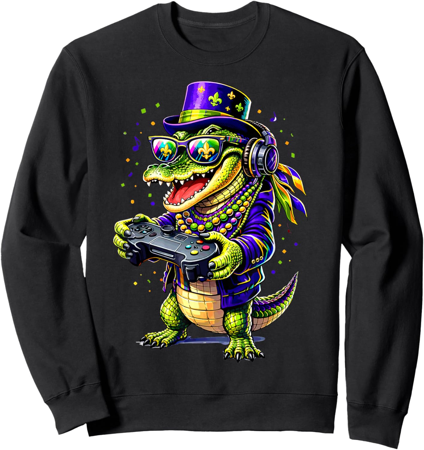 Funny Alligator Playing Video Game Gamer Gaming Mardi Gras Sweatshirt - Sweatshirt | Black