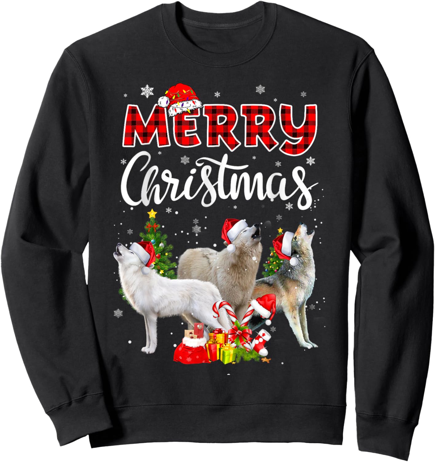 Wolf Merry Christmas Wild Animals Lover Santa Wolves Sweatshirt - Sweatshirt | Black