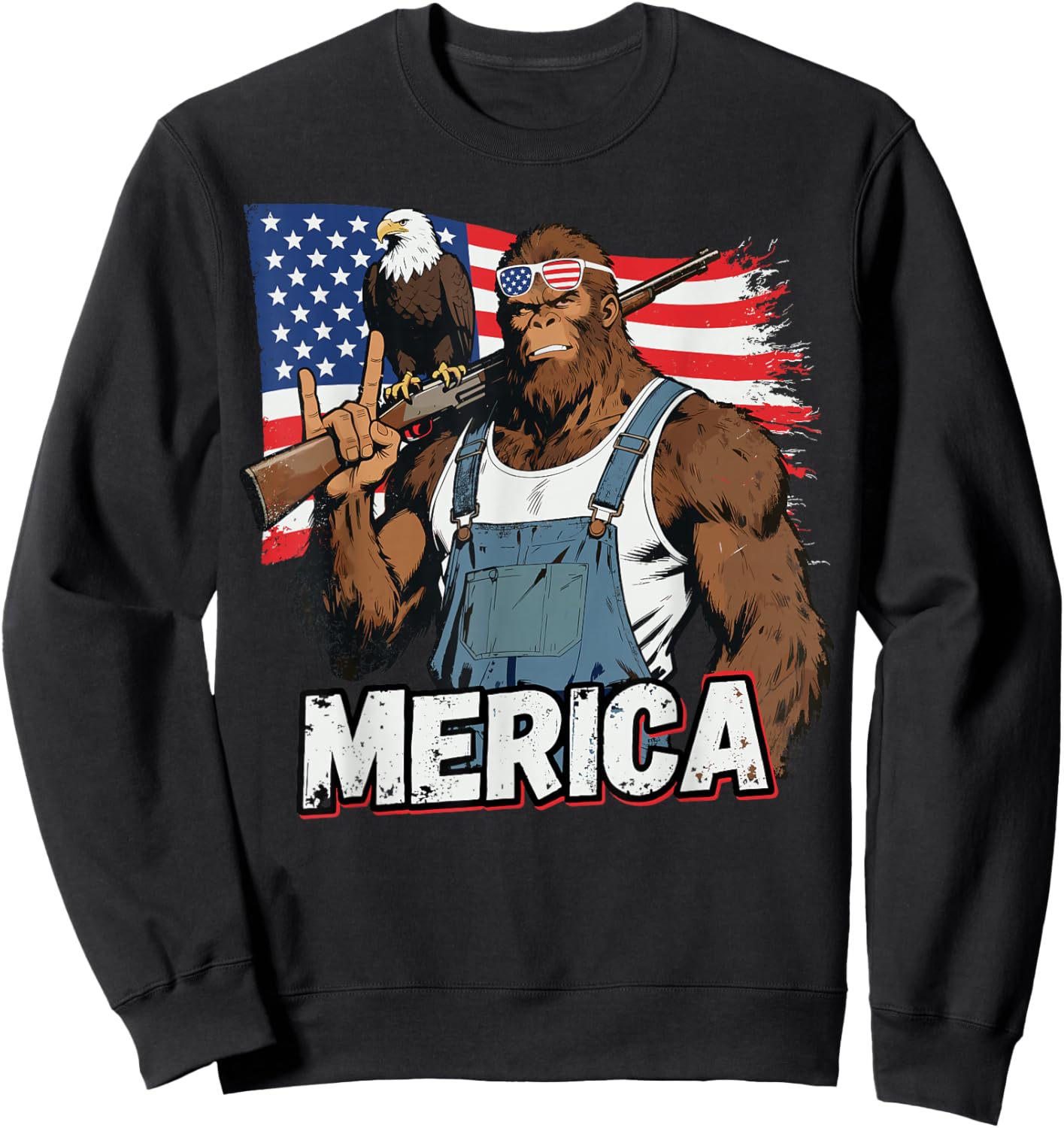 Bigfoot Merica Rock American Flag Patriotic 4th of July Sweatshirt - Sweatshirt | Black