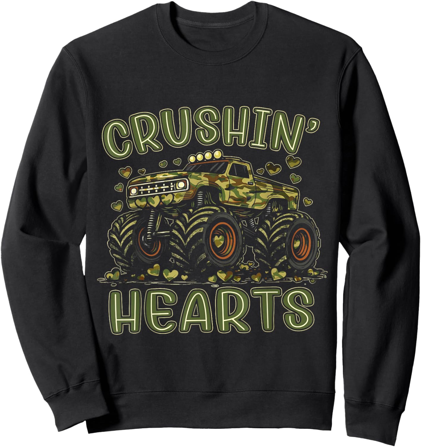 Valentine Camouflage Truck Crushin' Hearts Boy Kids Monster Sweatshirt - Sweatshirt | Black