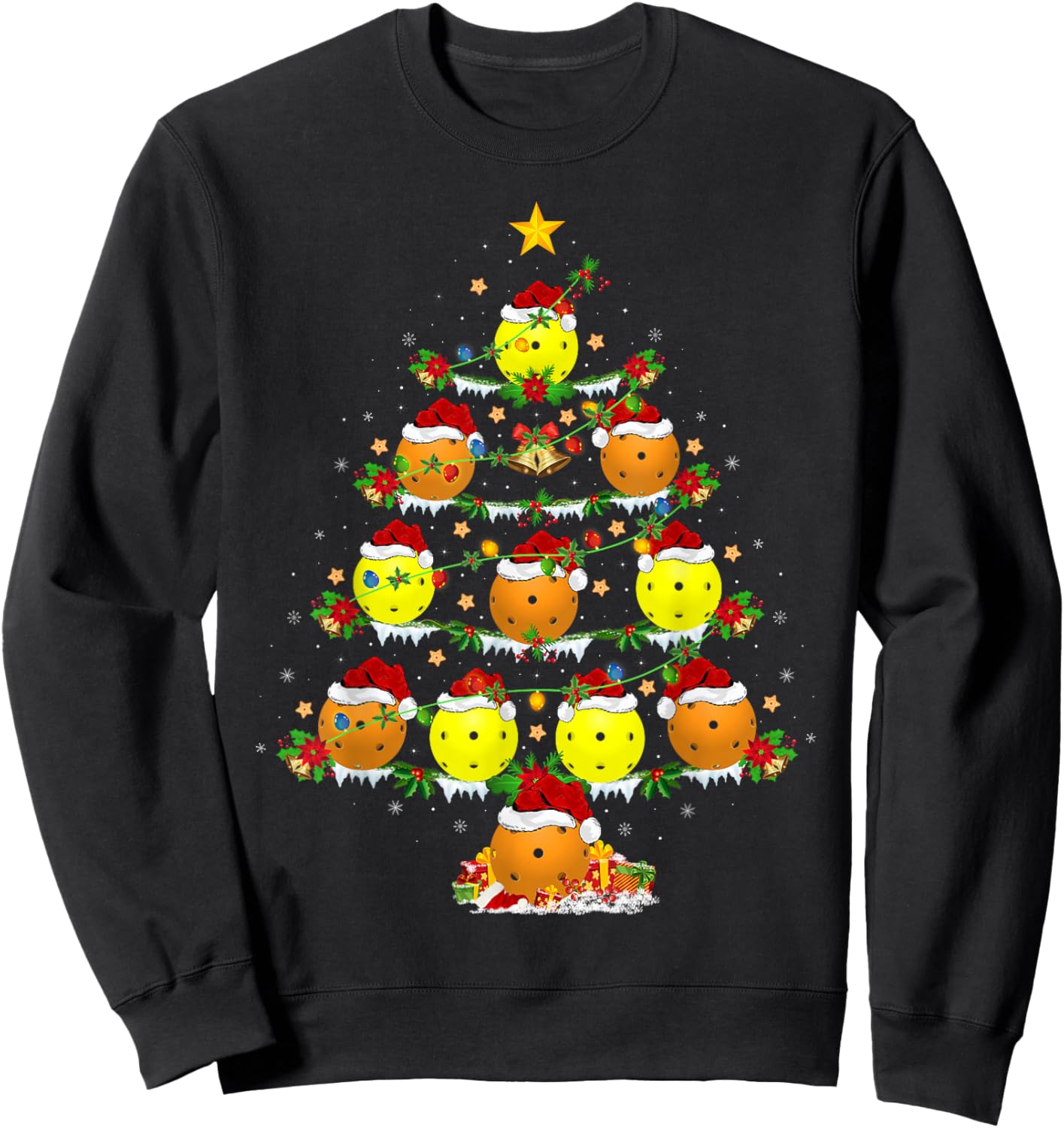 Pickleball Christmas Tree Lights Funny Sports Player Xmas Sweatshirt - Sweatshirt | Black