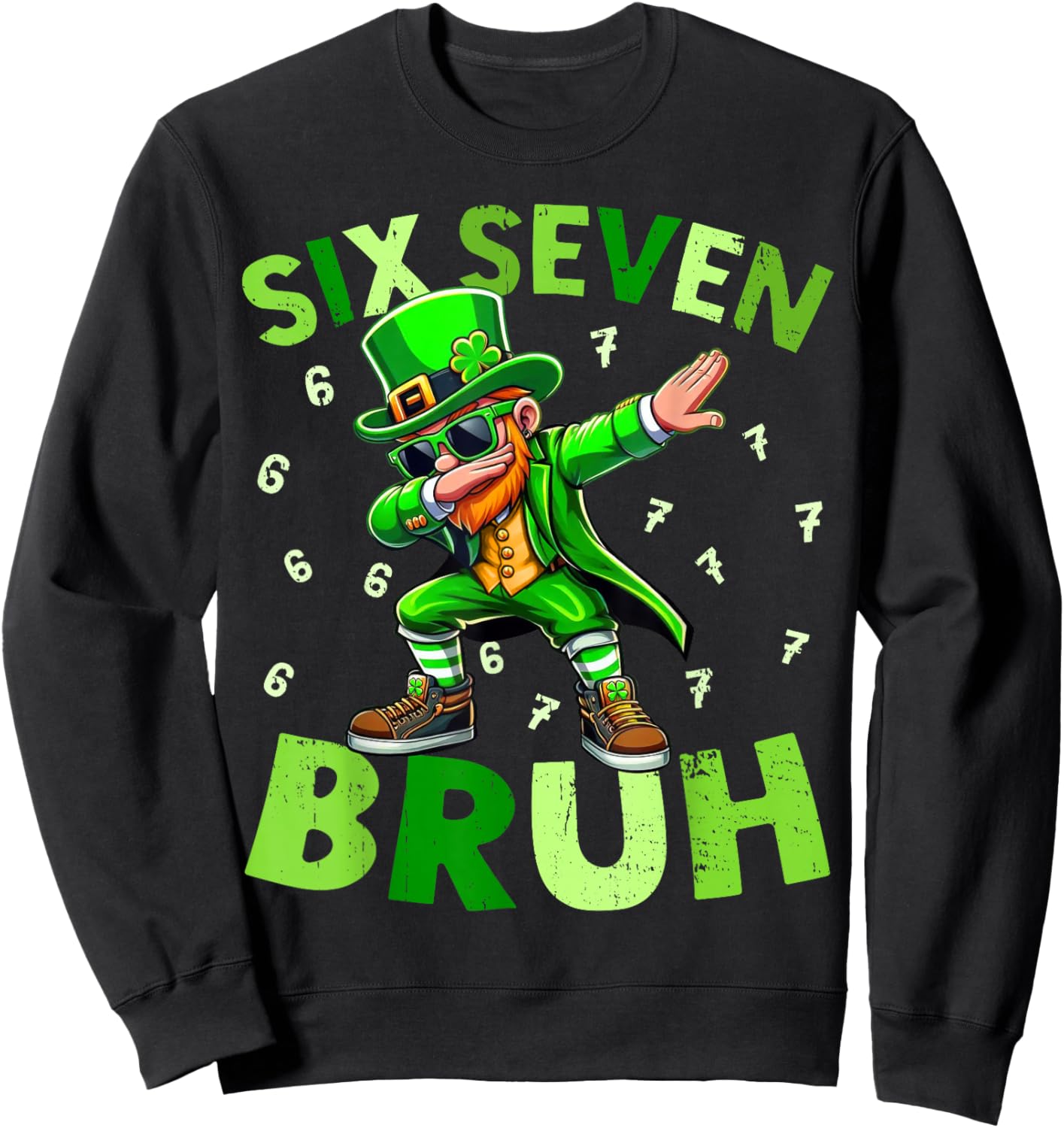 Six Seven Bruh St Patricks Day Shirt Dabbing Leprechaun Kids Sweatshirt - Sweatshirt | Black