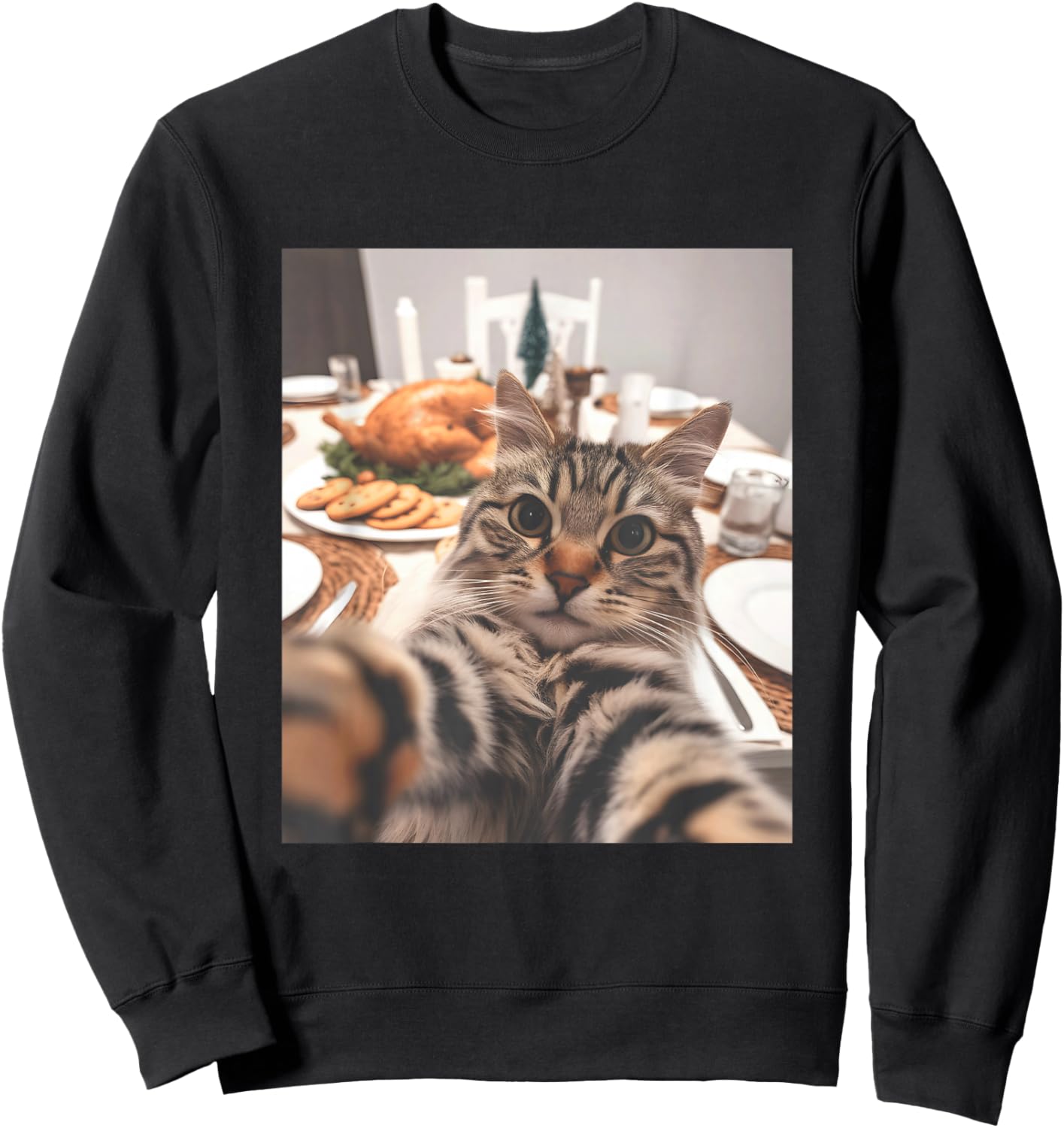 Cat Selfie Thanksgiving Funny Turkey Dinner Sweatshirt - Sweatshirt | Black