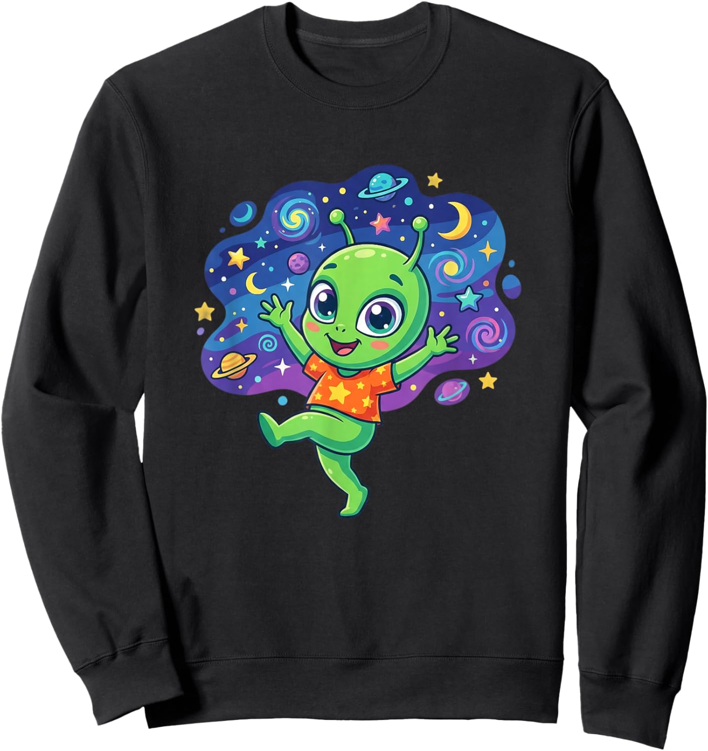 Kawaii Green Alien in Colorful Space Galaxy Sweatshirt - Sweatshirt | Black