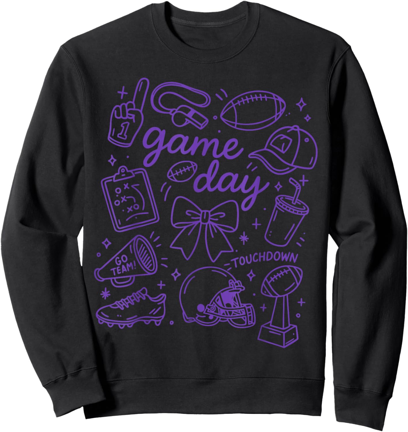 Purple Coquette Bow Cheer Game Day Doodle Touchdown Football Sweatshirt - Sweatshirt | Black