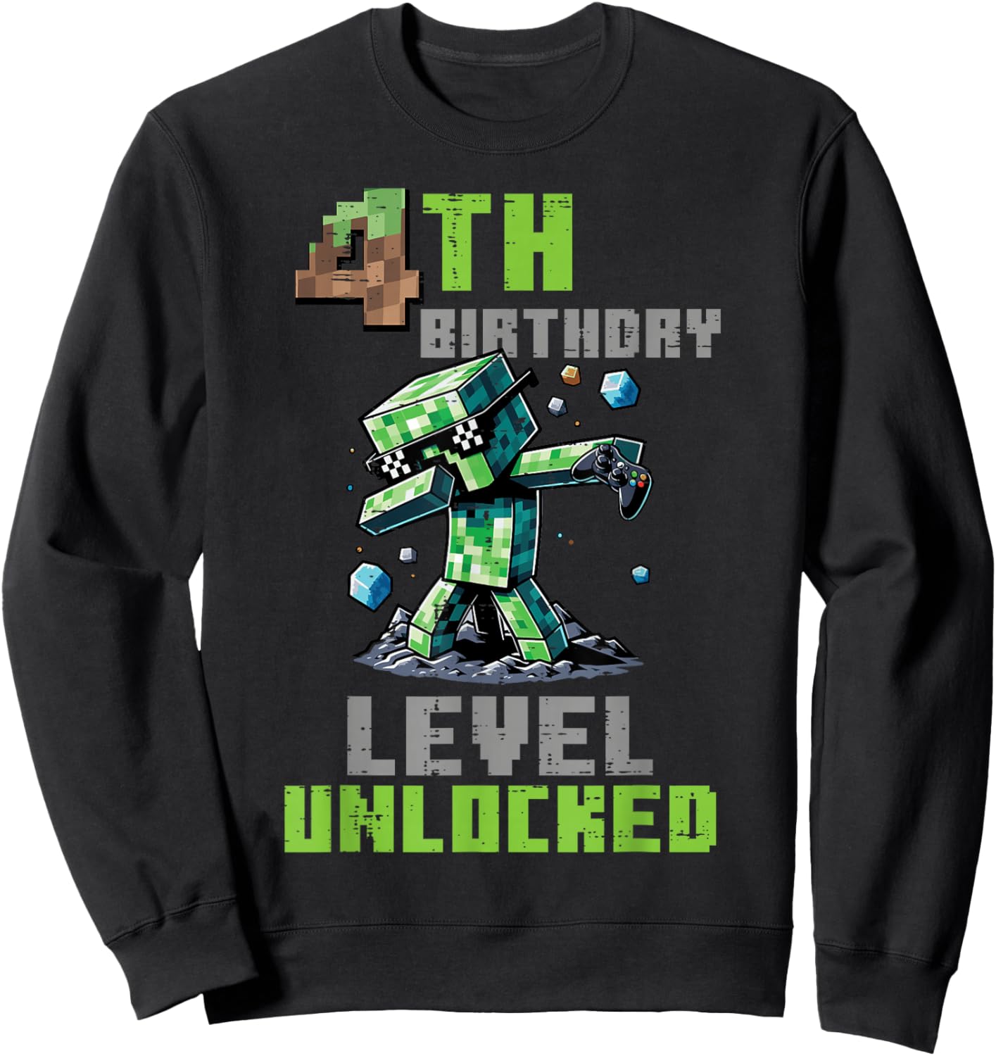 4th Birthday Level Unlocked Pixel Dab 4 Bday Gamer Boys Kids Sweatshirt - Sweatshirt | Black