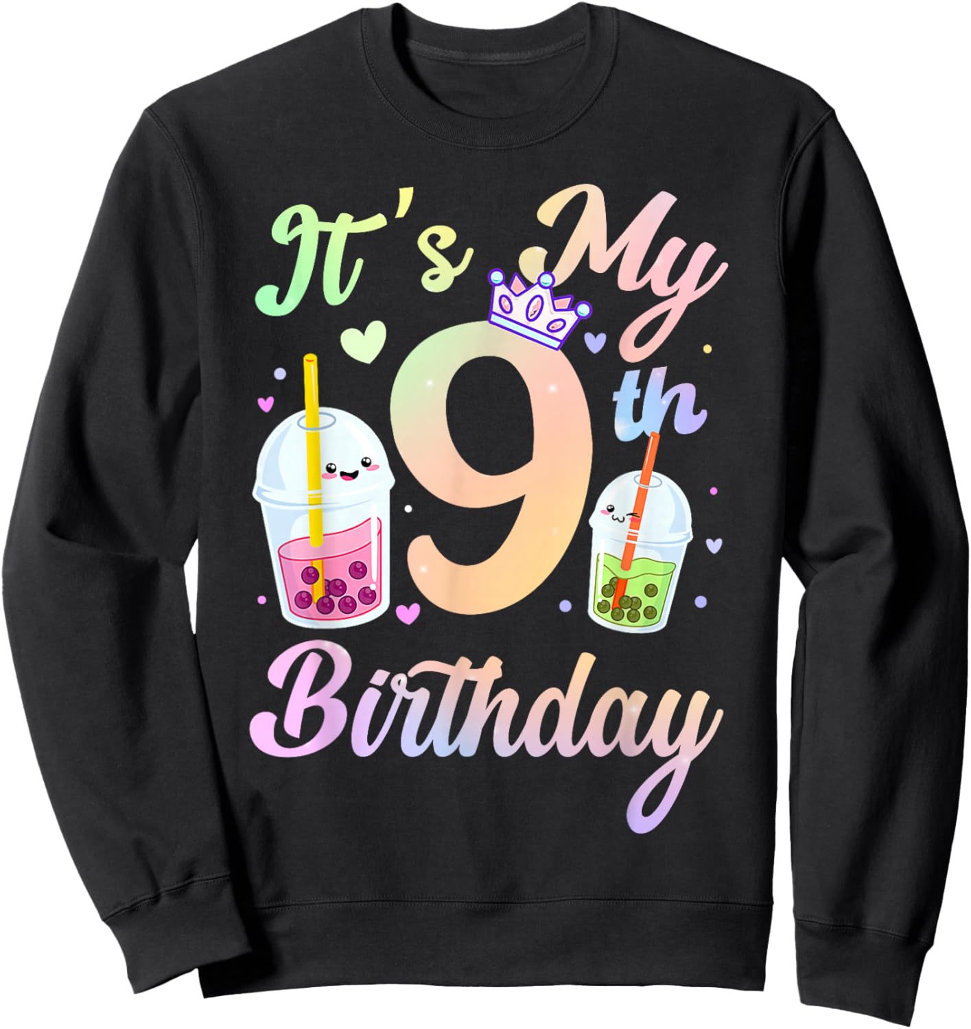 It's My 9th Birthday Bubble Boba Tea Party 9 Year Old Girls Sweatshirt - Sweatshirt | Black