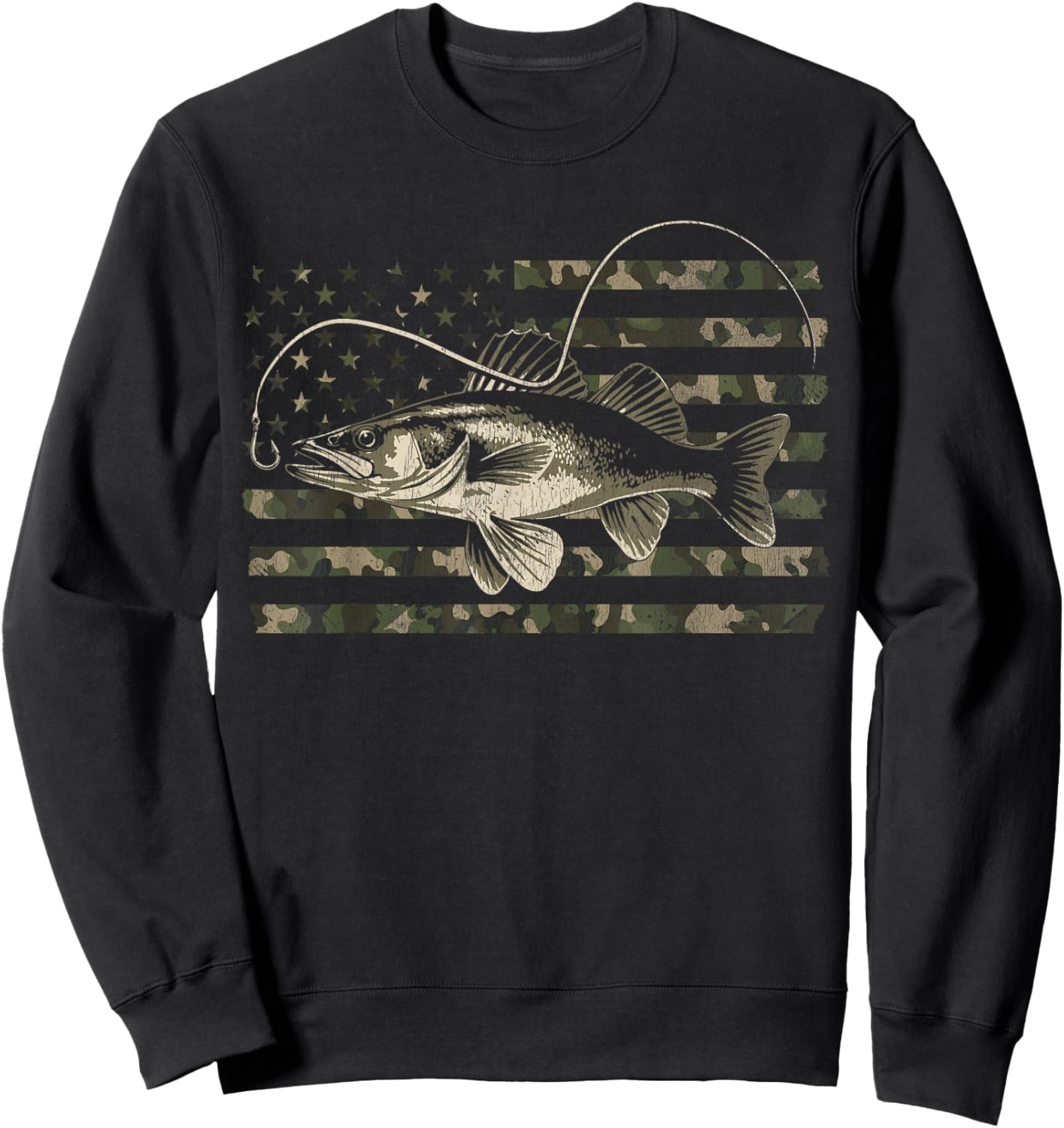 Walleye Fishing Camo American Flag Sweatshirt - Sweatshirt | Black