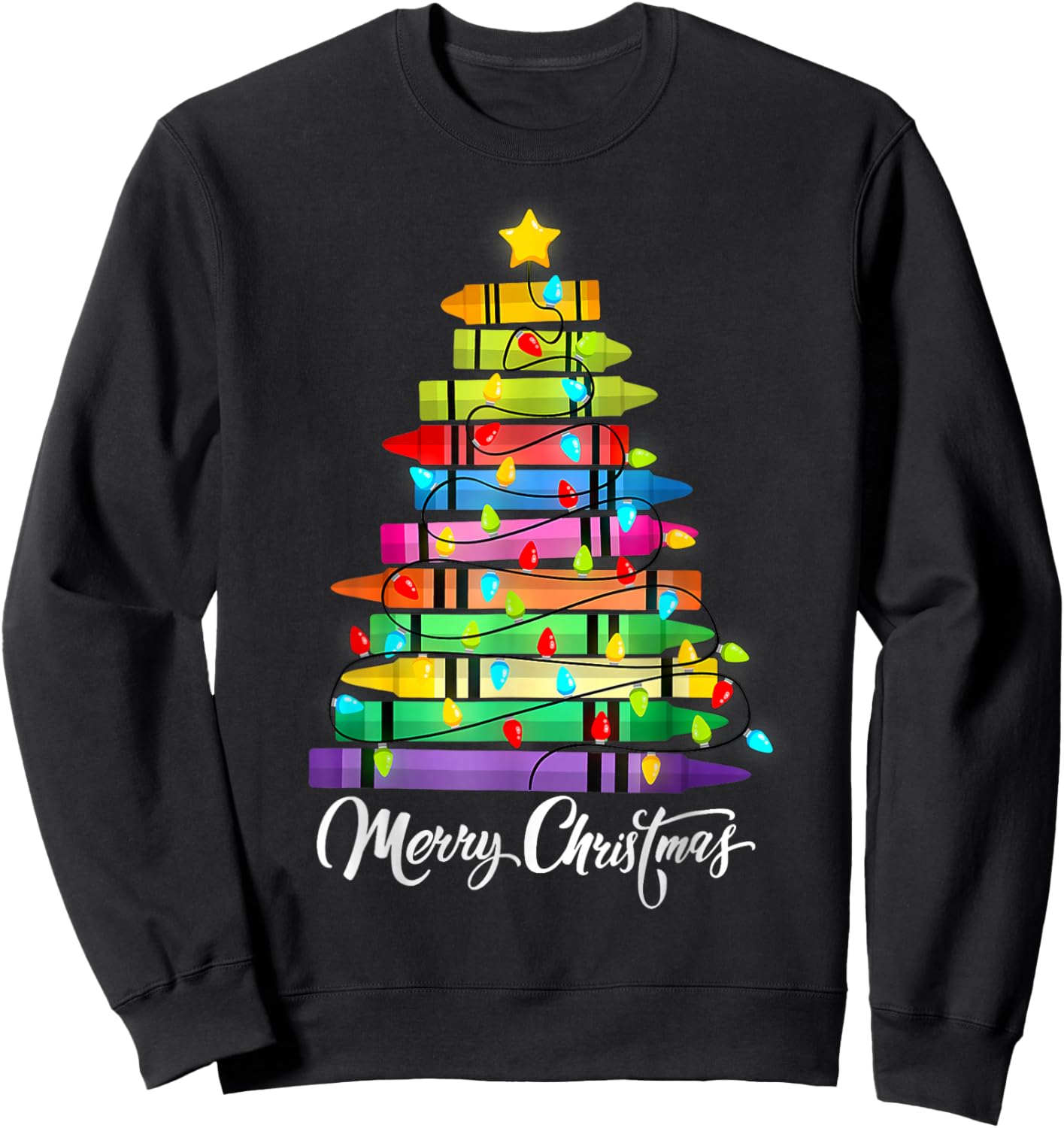 Teacher Crayon Merry Christmas Tree Lights School Xmas Sweatshirt - Sweatshirt | Black