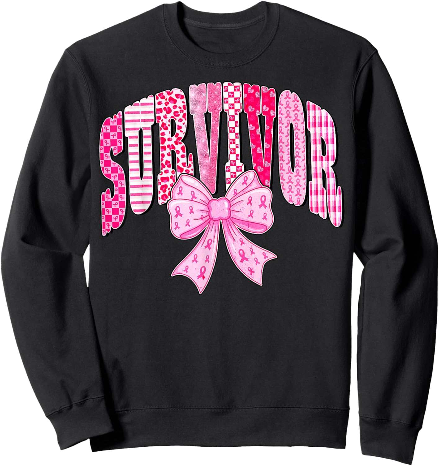 Survivor Pink Ribbon Coquette Bow Breast Cancer Awareness Sweatshirt - Sweatshirt | Black