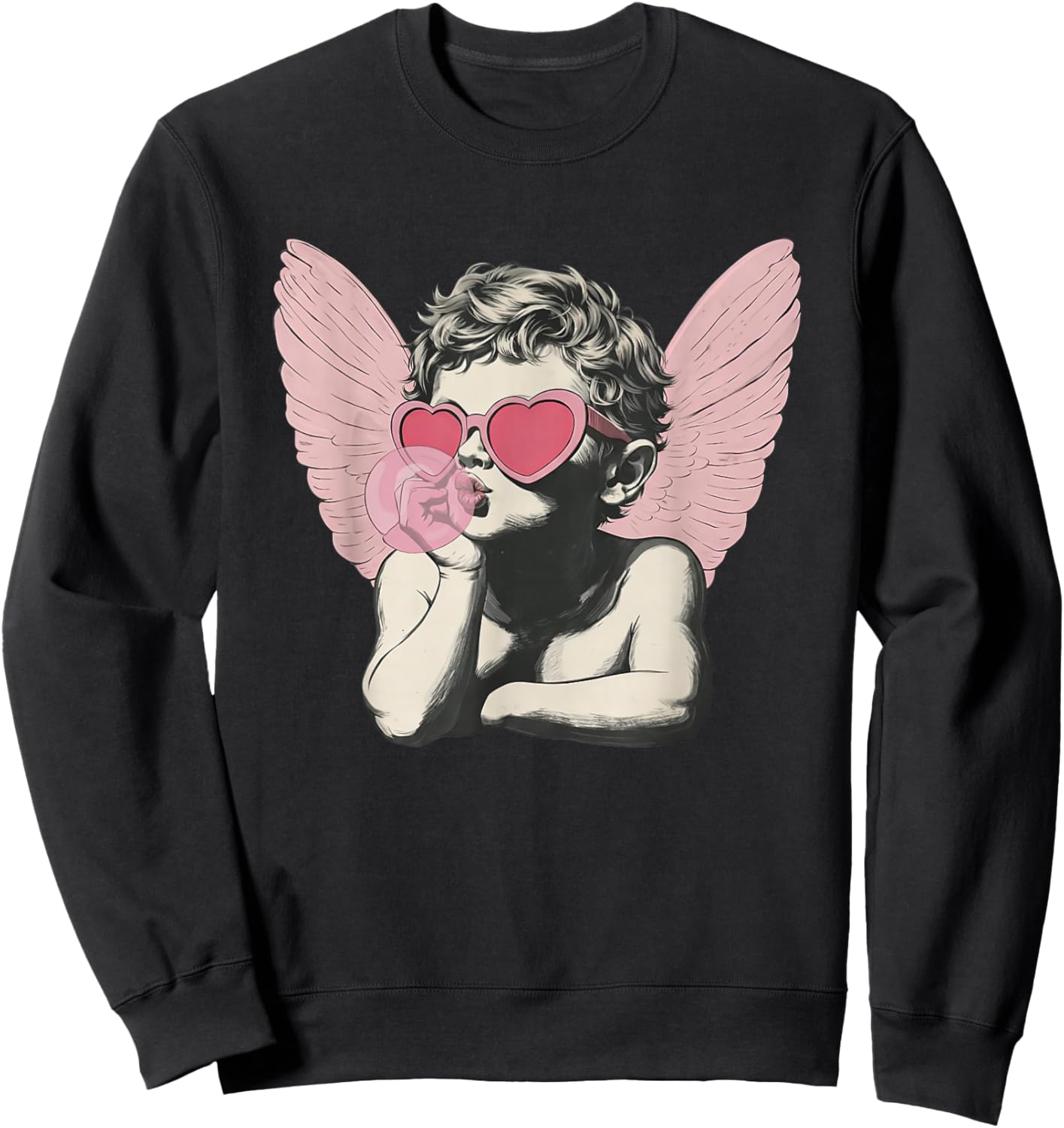 Vintage Cute Cupid in Sunglasses Blowing Bubble Valentine Sweatshirt - Sweatshirt | Black