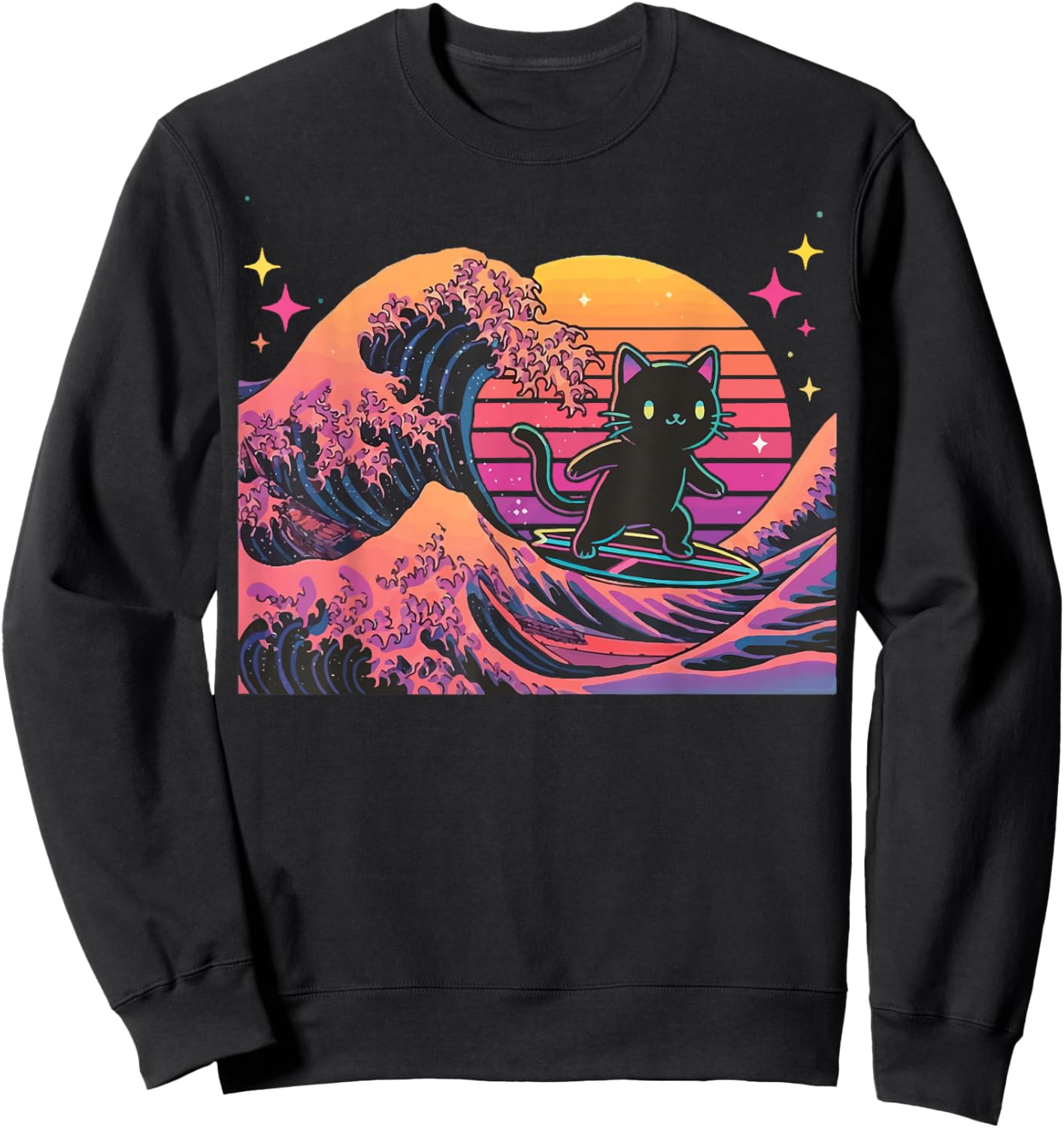 Cat Surfing Japanese Sweatshirt - Sweatshirt | Black