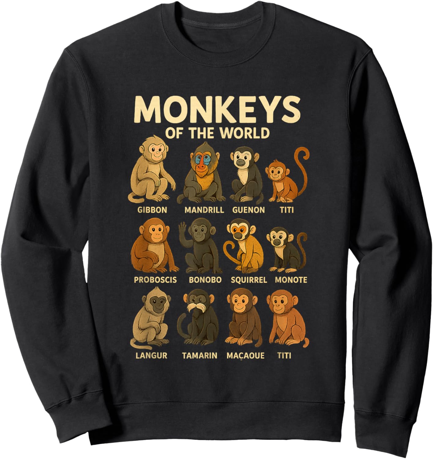 Monkeys of The World Cute Primate Species Cartoon Shirt Sweatshirt - Sweatshirt | Black