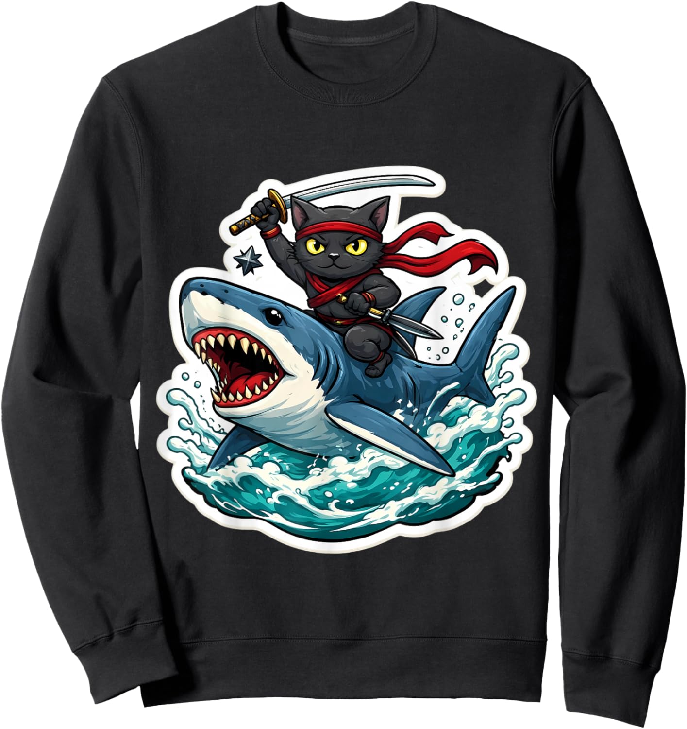 Ninja Cat Riding Shart Funny Cartoon Owner Feline Lover Art Sweatshirt - Sweatshirt | Black
