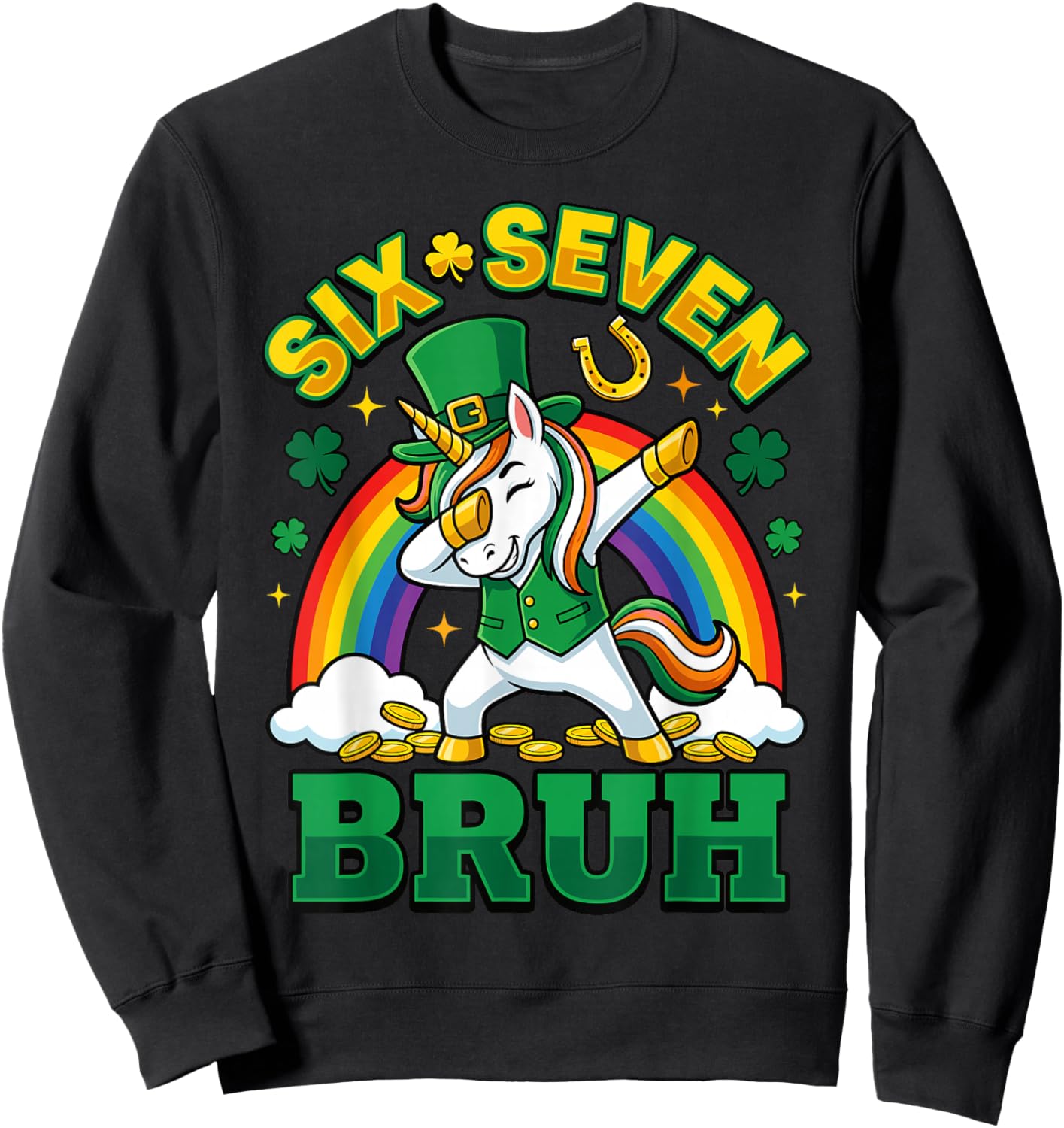 Bruh Six Seven Dabbing Unicorn St Patricks Day Kids Girls Sweatshirt - Sweatshirt | Black