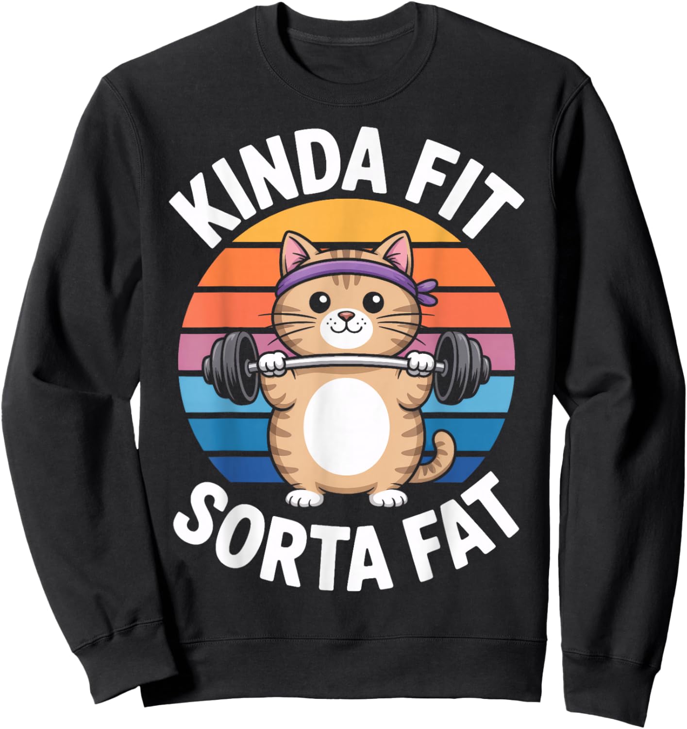 Cat Lifting Weights Kinda Fit Sorta Fat Workout Humor Sweatshirt - Sweatshirt | Black