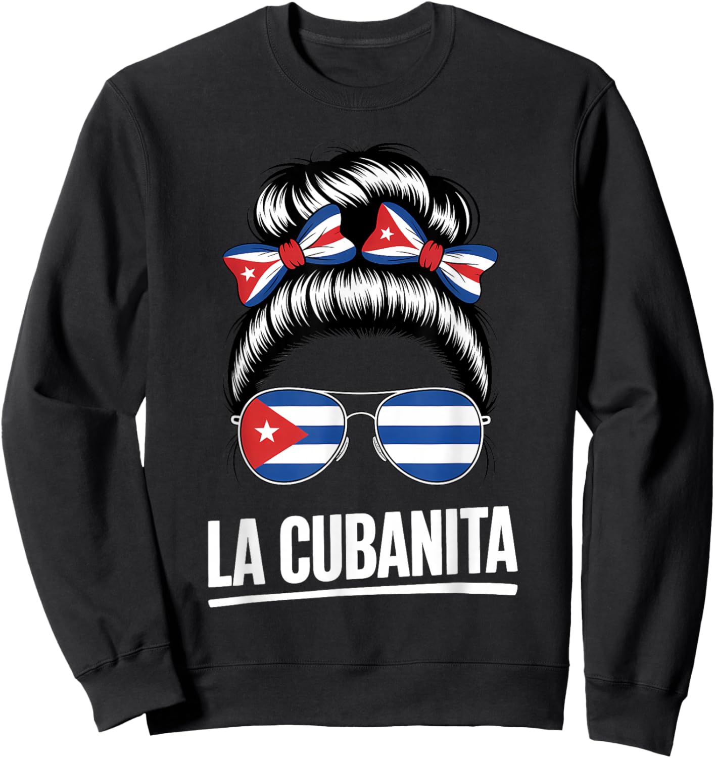 La Cubanita Cuban Flag Hair Bow Glasses Sweatshirt - Sweatshirt | Black