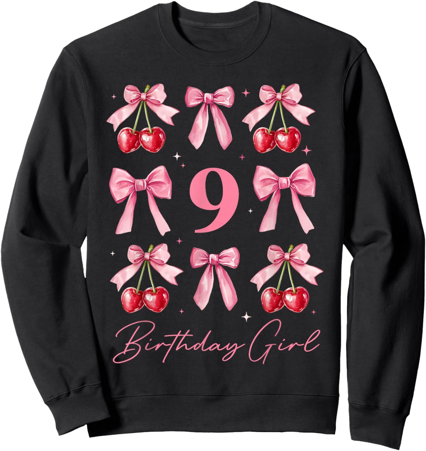 Birthday Girl 9th Birthday Cherry Coquette Bow 9 Year Old Sweatshirt - Sweatshirt | Black