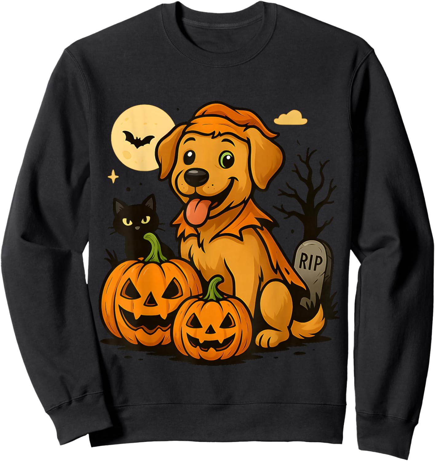 Cute Halloween Dog with Pumpkins and Black Cat Graveyard Sweatshirt - Sweatshirt | Black