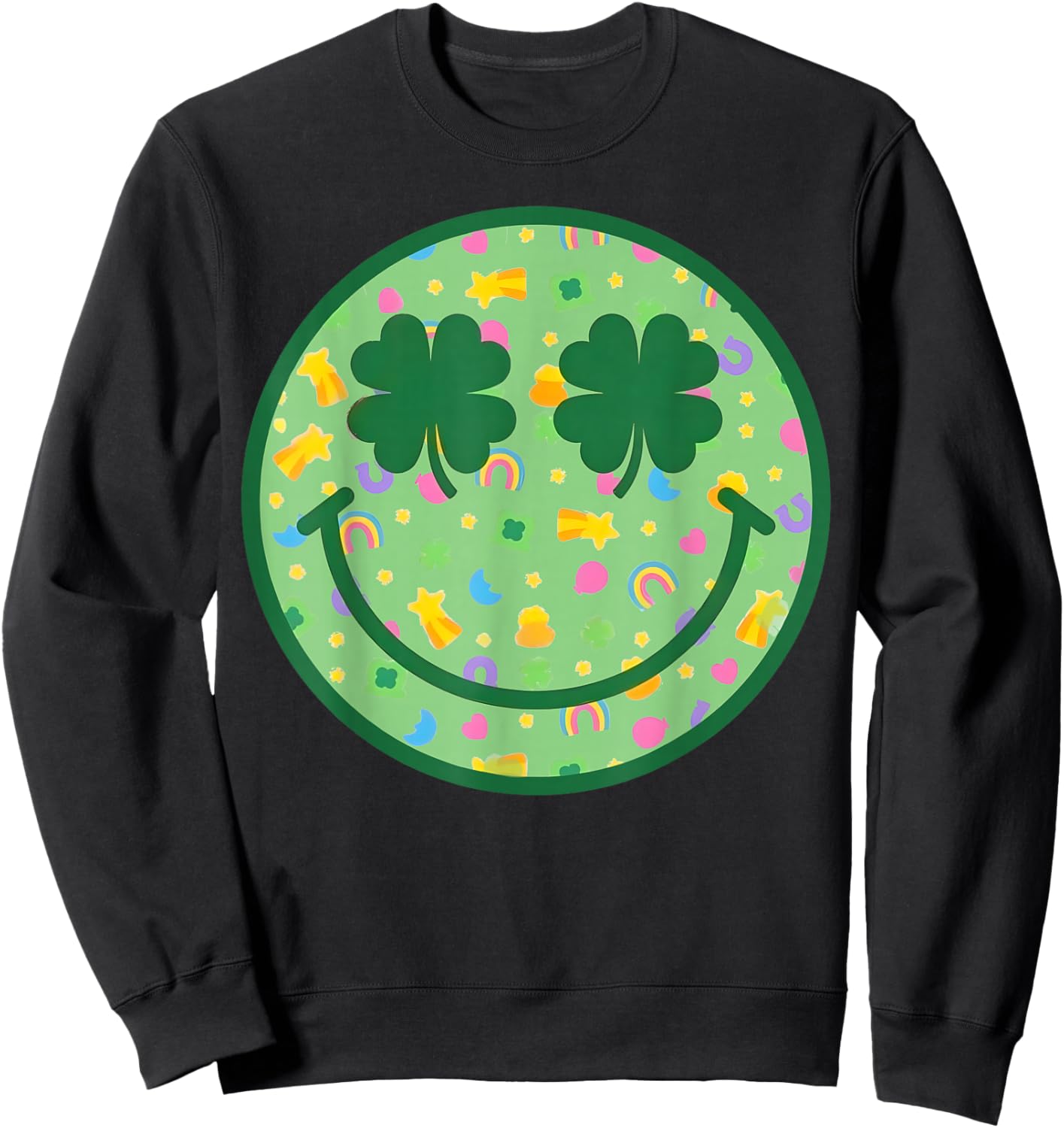 Groovy Shamrock Smile Face St Patricks Day Men Kids Funny Sweatshirt - Sweatshirt | Black