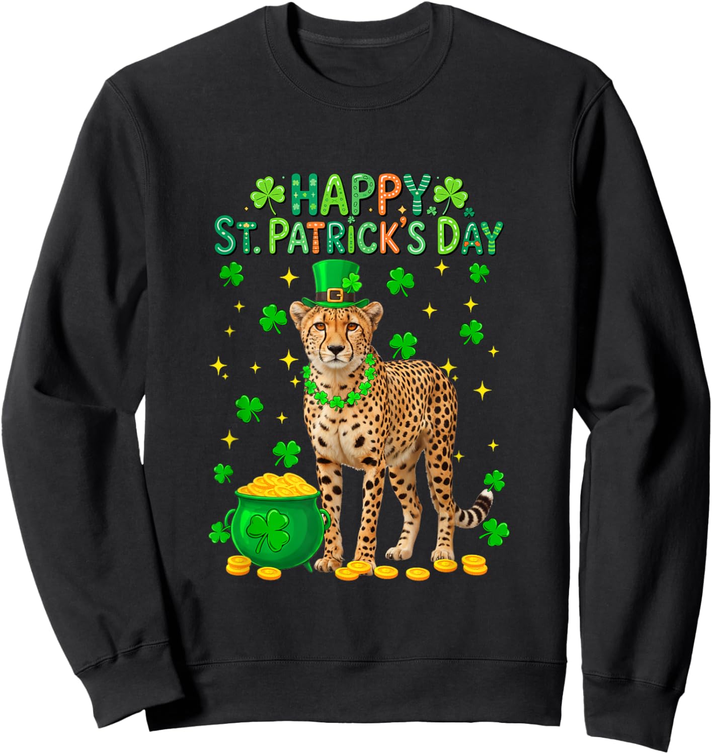 Happy St. Patrick's Day Cheetah Shamrocks Coins Lover Kids Sweatshirt - Sweatshirt | Black