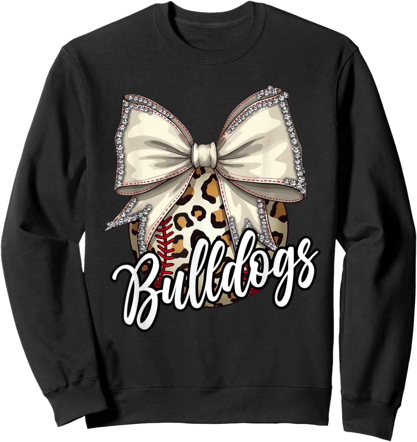 Bulldogs Baseball Mom Leopard Print Coquette Bow Mascot Sweatshirt - Sweatshirt | Black