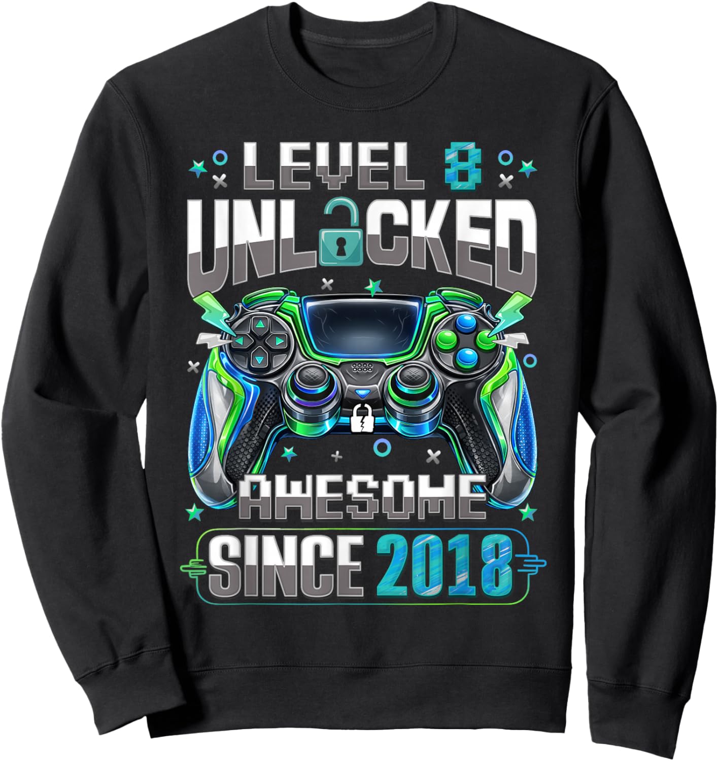 Level 8 Unlocked Awesome Since 2018 8th Birthday Gamer Boys Sweatshirt - Sweatshirt | Black