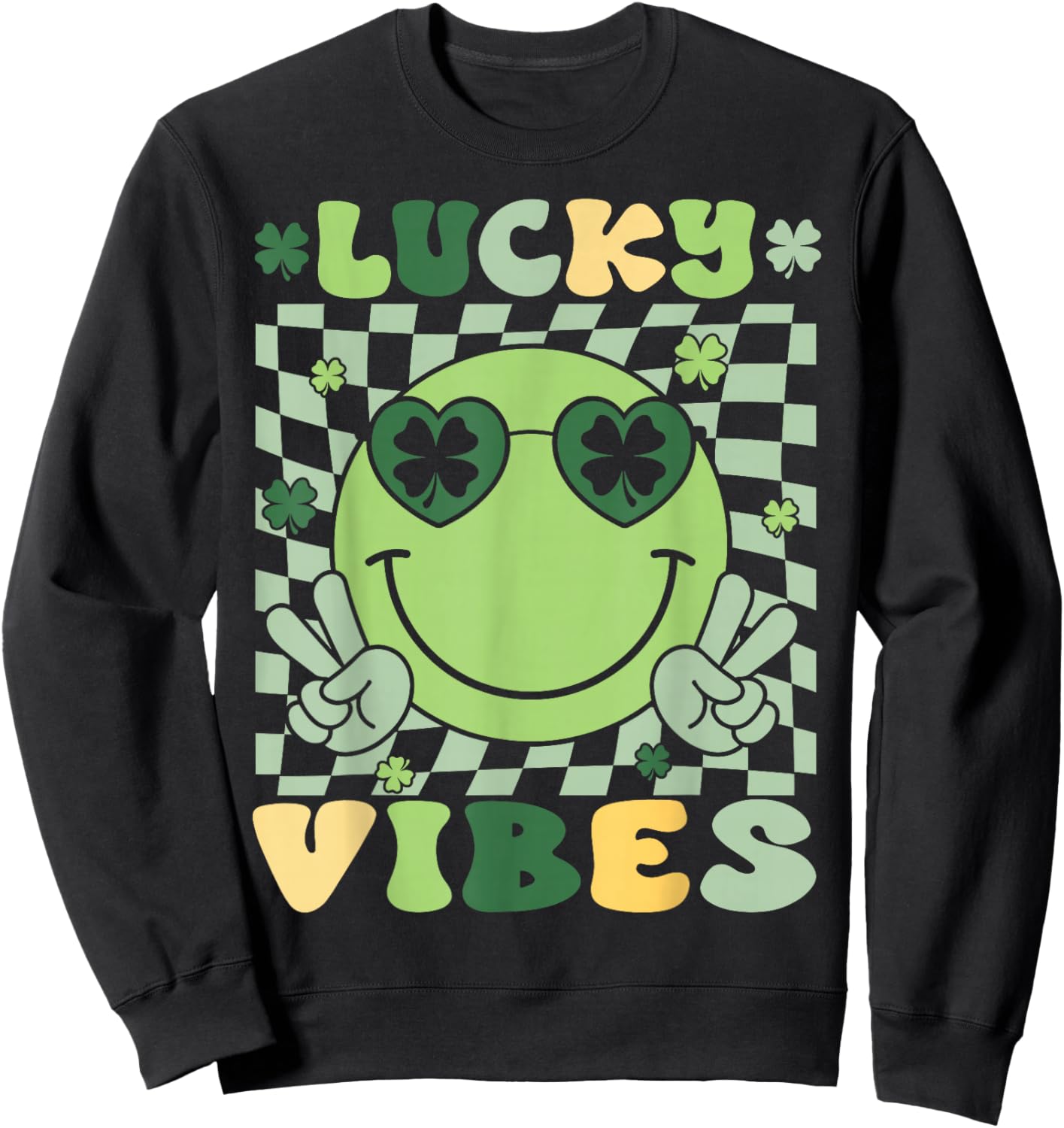 St Patricks Day Women Girls Kid Toddler Shamrock Lucky Vibes Sweatshirt - Sweatshirt | Black