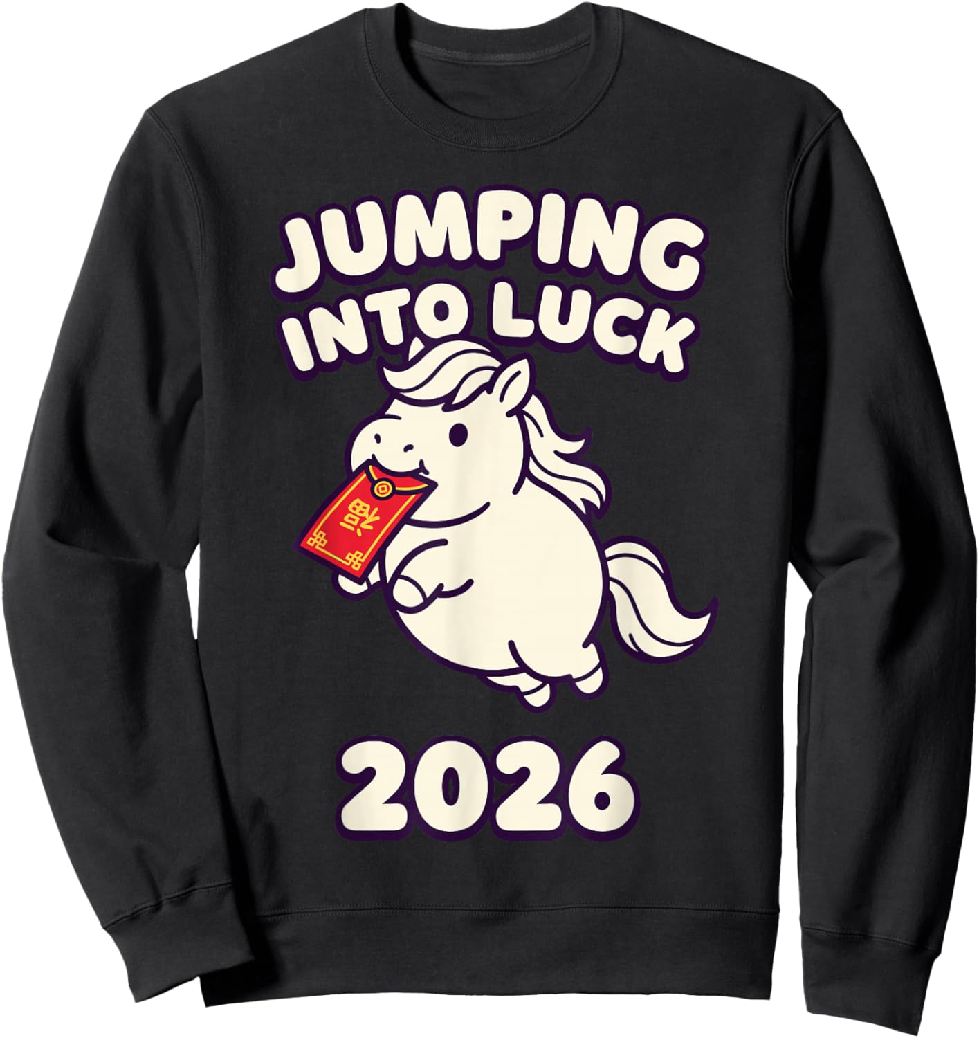 Jumping Into Luck 2026 Chinese New Year Horse Kawaii Sweatshirt - Sweatshirt | Black