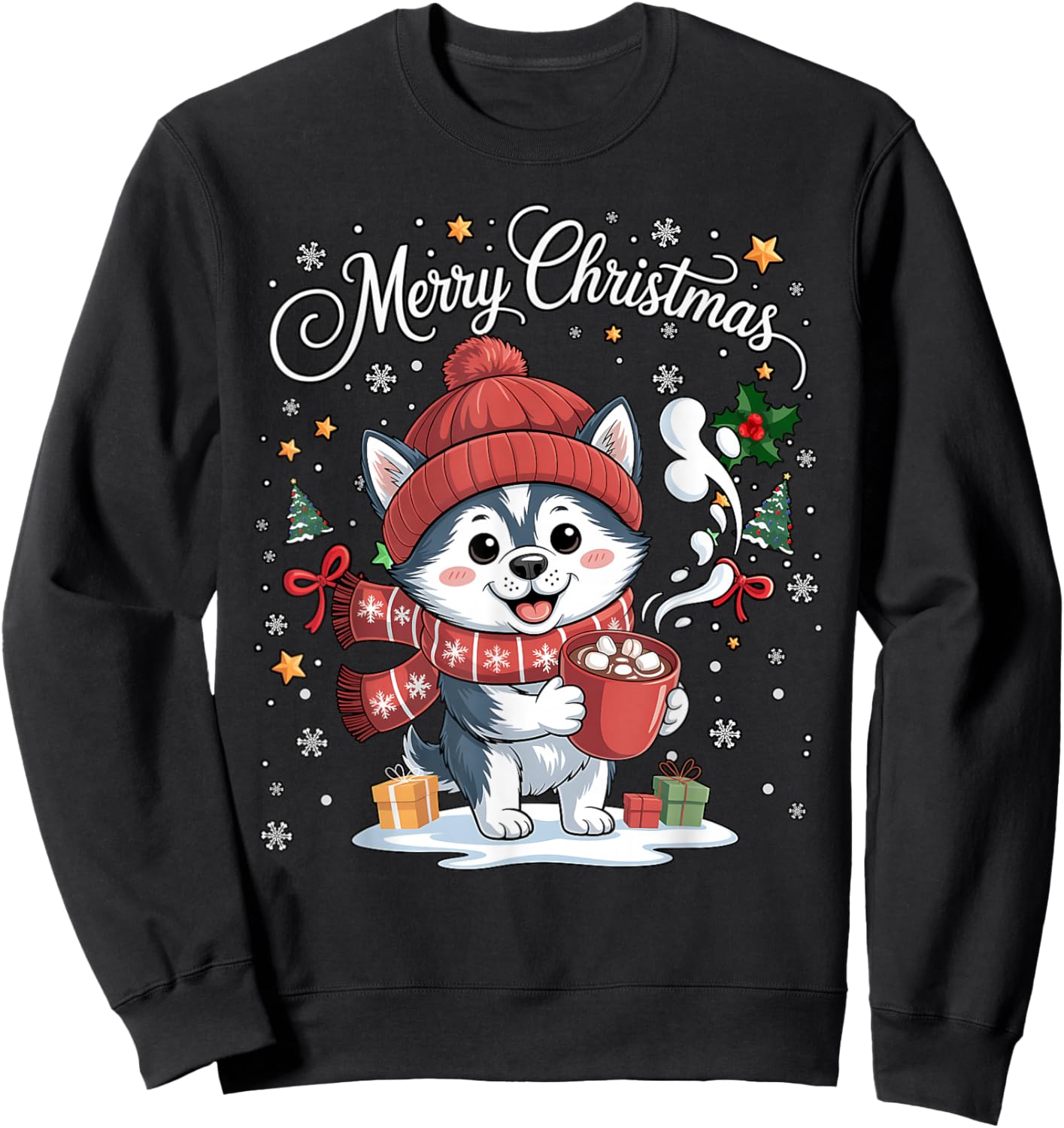 Cute Siberian Husky Dog Drink Hot Cocoa Christmas Xmas Women Sweatshirt - Sweatshirt | Black