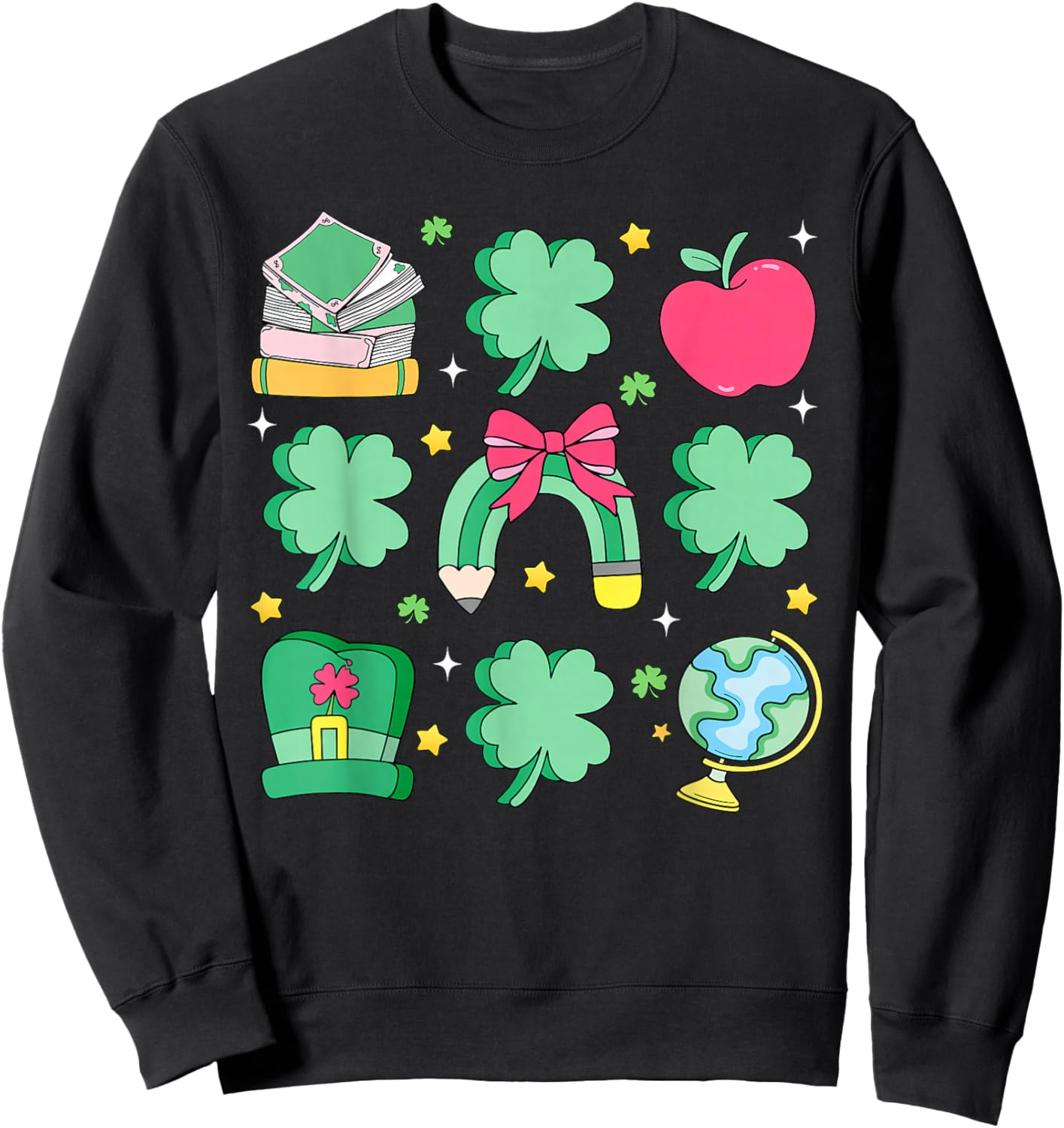 St Patrick's Day Lucky Teacher Shamrock Coquette Bow Pencil Sweatshirt - Sweatshirt | Black