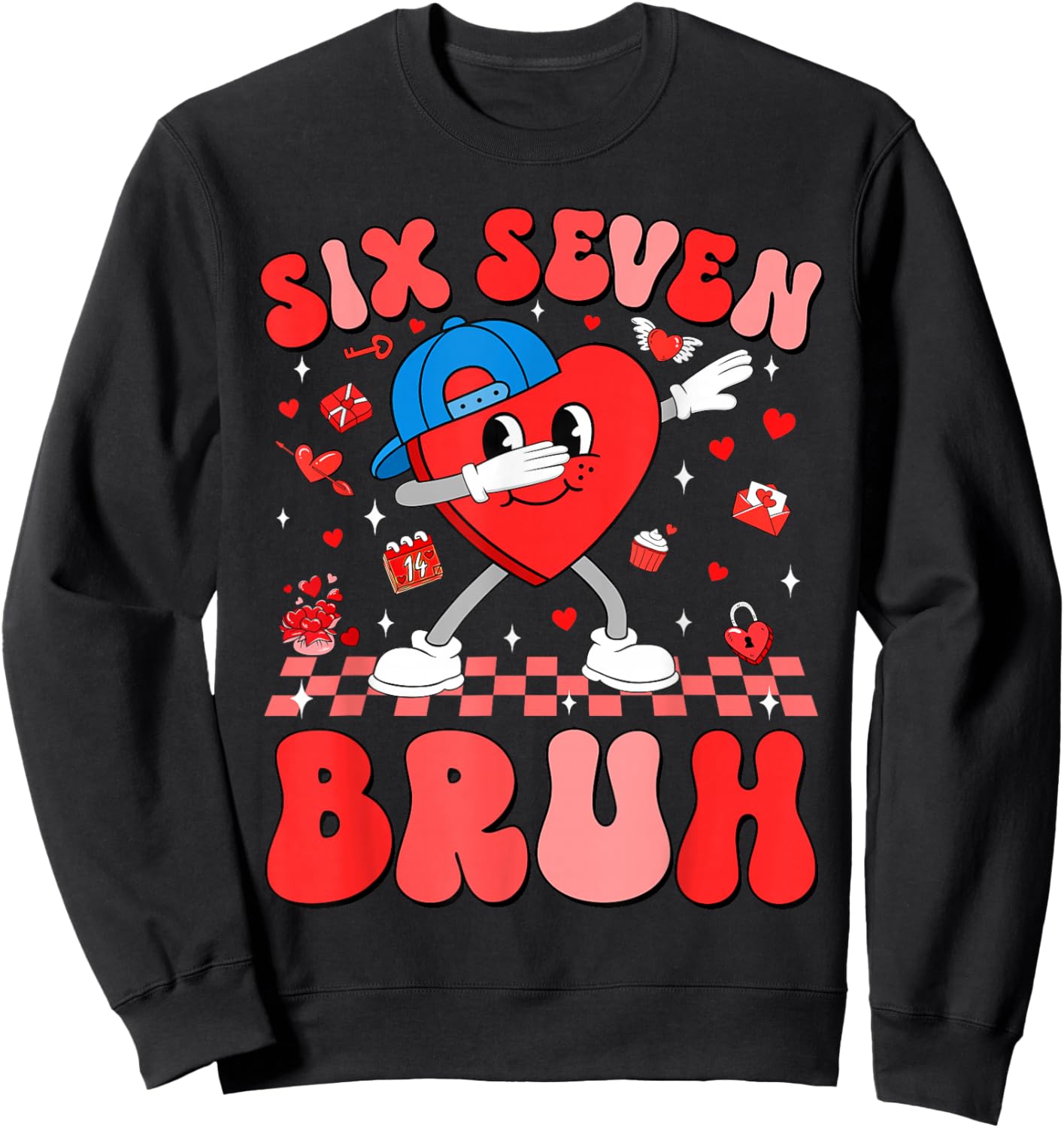 Valentines Day Six Seven Bruh 6 7 Meme Dab Heart Boys Kids Sweatshirt - Sweatshirt | Black