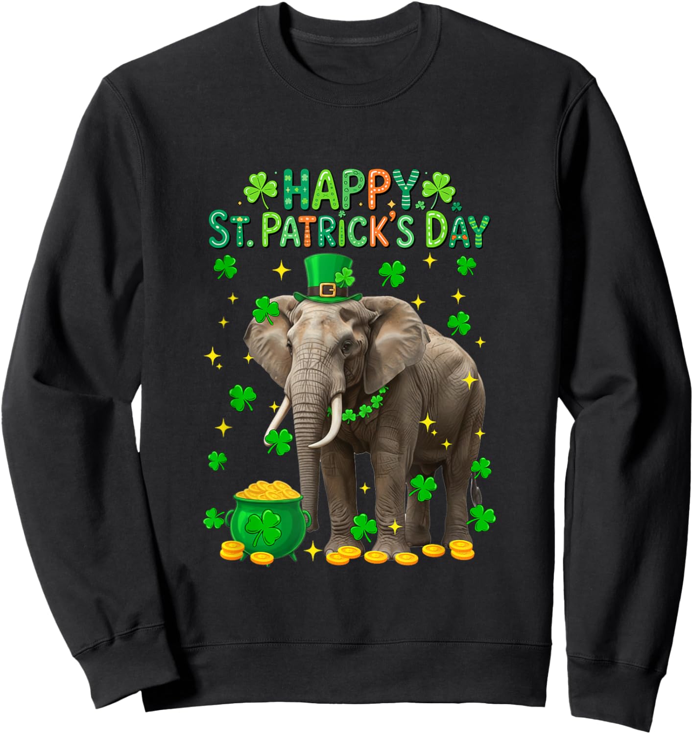 Happy St. Patrick's Day Elephant Shamrocks Coins Lover Kids Sweatshirt - Sweatshirt | Black