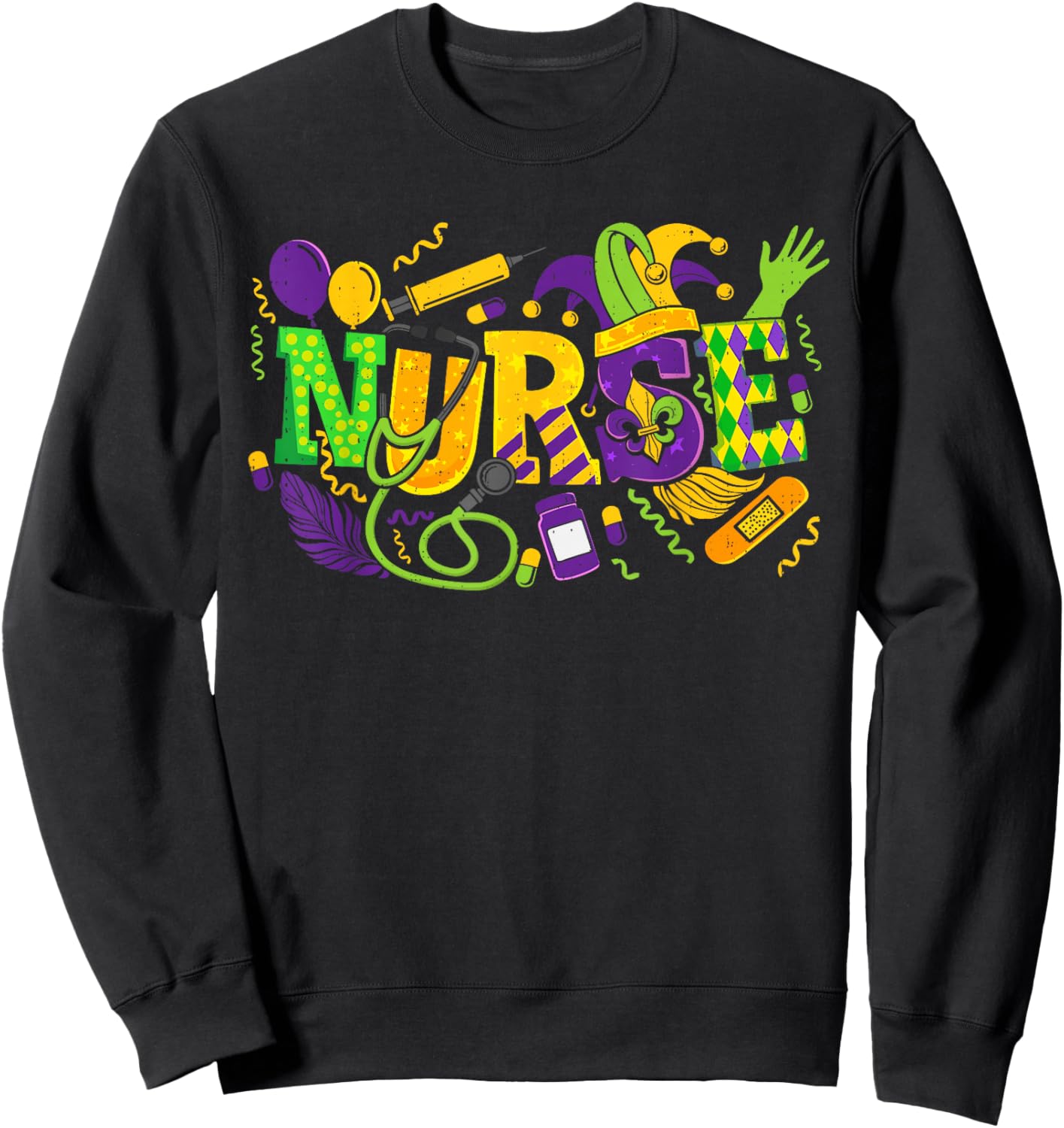 Mardi Gras Nurse Carnival Beads Medical Healthcare Sweatshirt - Sweatshirt | Black