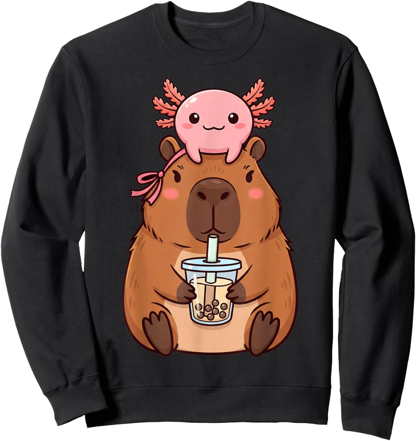 Cute Capybara Drinking Boba Tea Kawaii Axolotl Bubble Tea Sweatshirt - Sweatshirt | Black